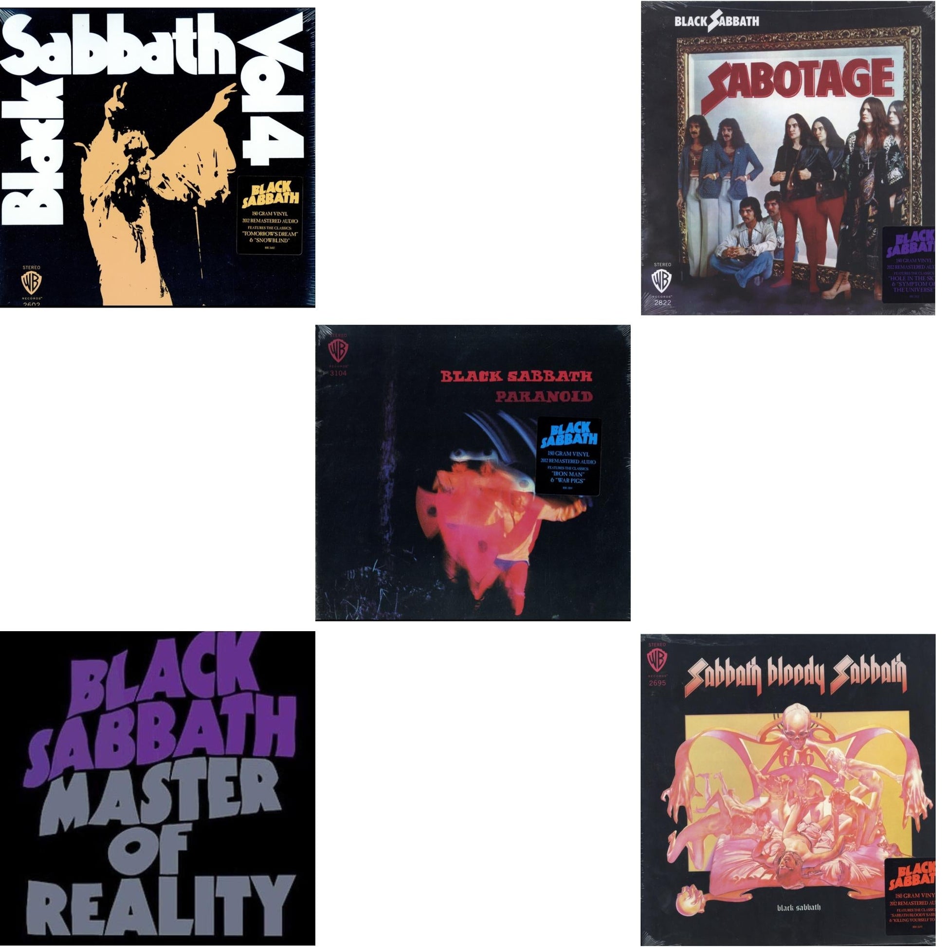 This is a 5 LP Vinyl SKU bundle.
1.This LP Vinyl is brand new.Format: LP VinylMusic Style: Heavy MetalThis item's title is: Vol. 4 (180G)Artist: Black SabbathLabel: RHINO/WARNER BROS.Barcode: 081227946609Release Date: 8/5/2016
2.This LP Vinyl is brand new.