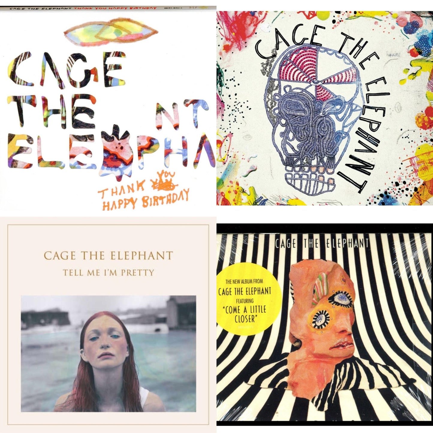 This is a 4 CD SKU bundle.
1.This CD is brand new.Format: CDMusic Style: Alternative RockThis item's title is: Thank You Happy BirthdayArtist: Cage The ElephantLabel: LEGACYBarcode: 886978142122Release Date: 1/11/2011
2.This CD is brand new.
