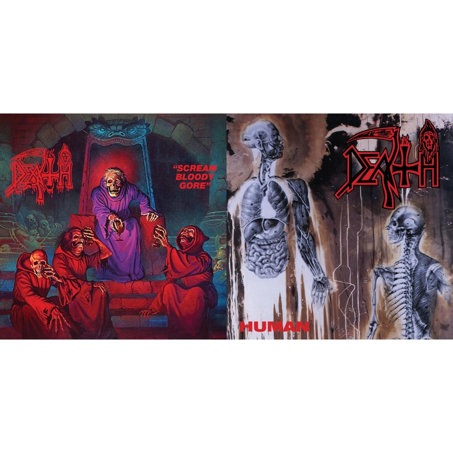 Scream Bloody Gore (Neon Violet, Bone White & Red  Tri Color Merge With Splatter LP Vinyl) & Human (Bone White, Blue Jay & Gold Tri Color Merge With Splatter LP Vinyl)