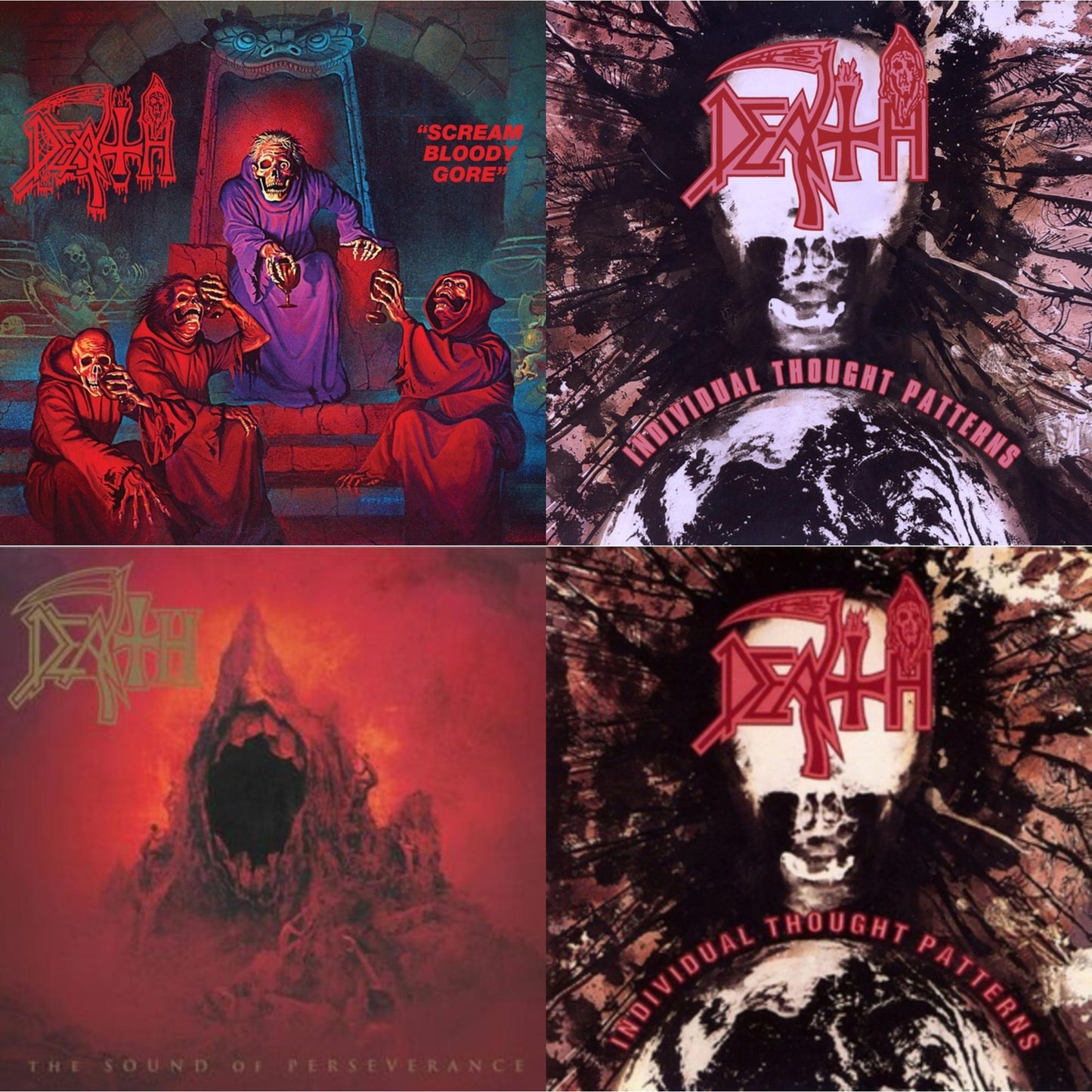 Death - Scream Bloody Gore (Neon Violet, Bone White & Red  Tri Color Merge With Splatter LP Vinyl) & Individual Thought Patterns - Reissue (Hot Pink, Bone White & Red Tri Color Merge W/ Splatter LP Vinyl) & Sound Of Perseverance (Black, Red & Gold