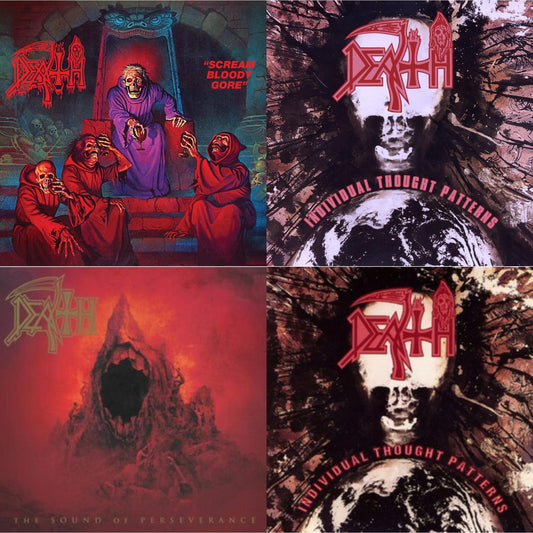 Death - Scream Bloody Gore (Neon Violet, Bone White & Red  Tri Color Merge With Splatter LP Vinyl) & Individual Thought Patterns - Reissue (Hot Pink, Bone White & Red Tri Color Merge W/ Splatter LP Vinyl) & Sound Of Perseverance (Black, Red & Gold