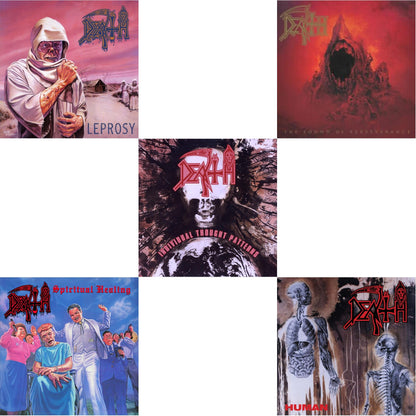 Death - Leprosy Reissue (Hot Pink, Bone White & Blue Jay Tri Color Merge With Splatter LP Vinyl) & Spiritual Healing - Reissue (Red, Cyan Blue & Black Tri Color Merge With Splatter LP Vinyl) & Individual Thought Patterns - Reissue (Hot Pink, Bone