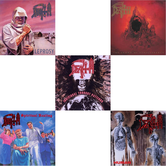Death - Leprosy Reissue (Hot Pink, Bone White & Blue Jay Tri Color Merge With Splatter LP Vinyl) & Spiritual Healing - Reissue (Red, Cyan Blue & Black Tri Color Merge With Splatter LP Vinyl) & Individual Thought Patterns - Reissue (Hot Pink, Bone