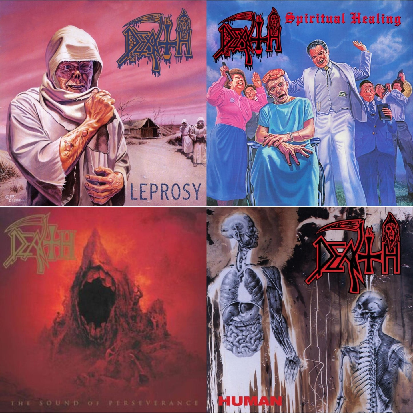 Death - Leprosy Reissue (Hot Pink, Bone White & Blue Jay Tri Color Merge With Splatter LP Vinyl) & Spiritual Healing - Reissue (Red, Cyan Blue & Black Tri Color Merge With Splatter LP Vinyl) & Sound Of Perseverance (Black, Red & Gold Tri Color Merge