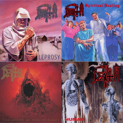 Death - Leprosy Reissue (Hot Pink, Bone White & Blue Jay Tri Color Merge With Splatter LP Vinyl) & Spiritual Healing - Reissue (Red, Cyan Blue & Black Tri Color Merge With Splatter LP Vinyl) & Sound Of Perseverance (Black, Red & Gold Tri Color Merge