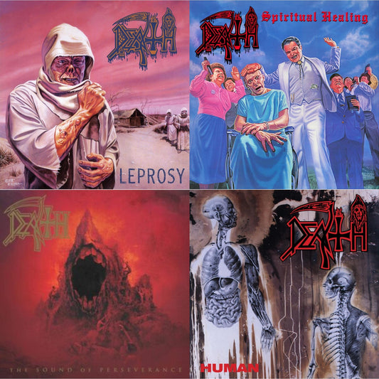 Death - Leprosy Reissue (Hot Pink, Bone White & Blue Jay Tri Color Merge With Splatter LP Vinyl) & Spiritual Healing - Reissue (Red, Cyan Blue & Black Tri Color Merge With Splatter LP Vinyl) & Sound Of Perseverance (Black, Red & Gold Tri Color Merge