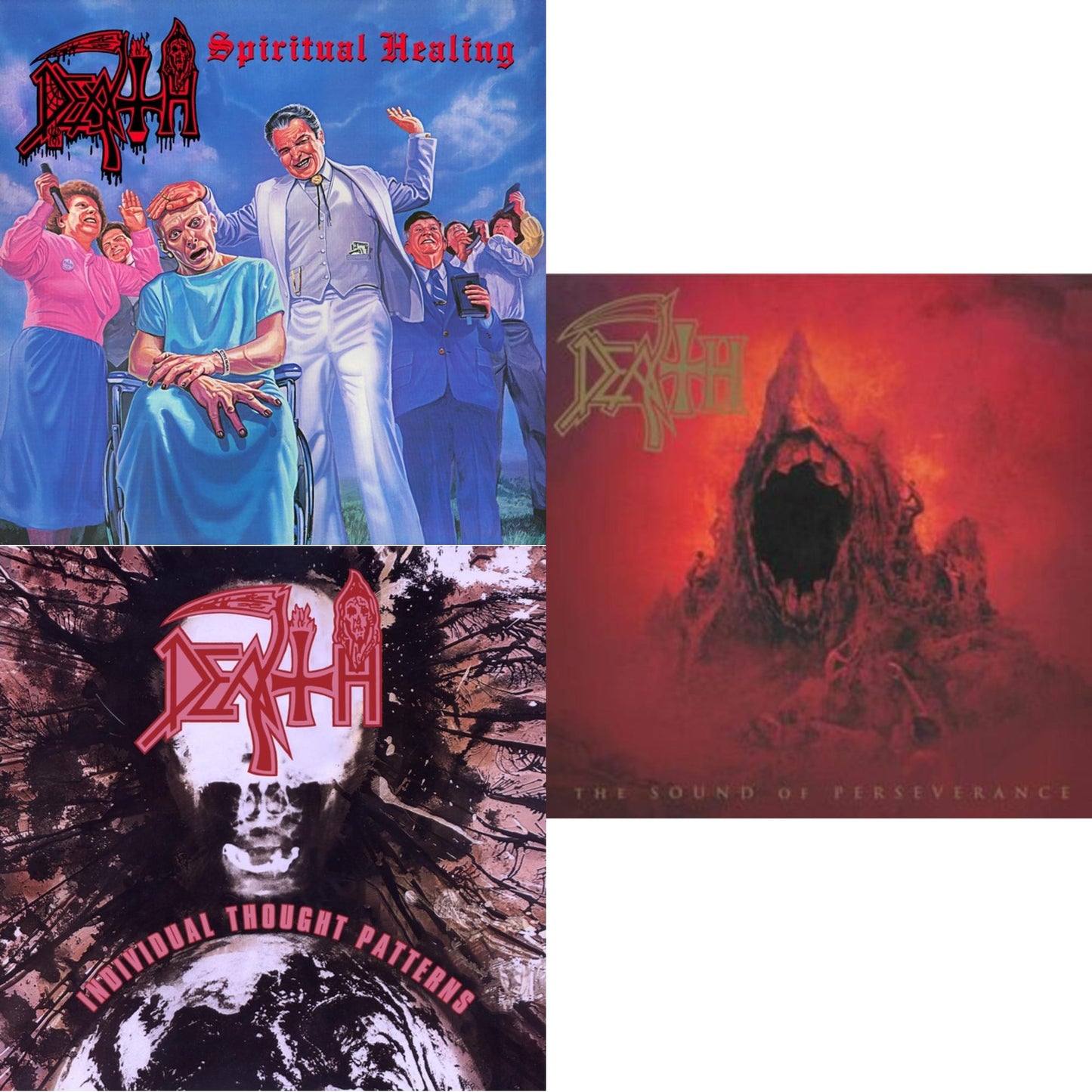 Death - Spiritual Healing - Reissue (Red, Cyan Blue & Black Tri Color Merge With Splatter LP Vinyl) & Individual Thought Patterns - Reissue (Hot Pink, Bone White & Red Tri Color Merge W/ Splatter LP Vinyl) & Sound Of Perseverance (Black, Red & Gold