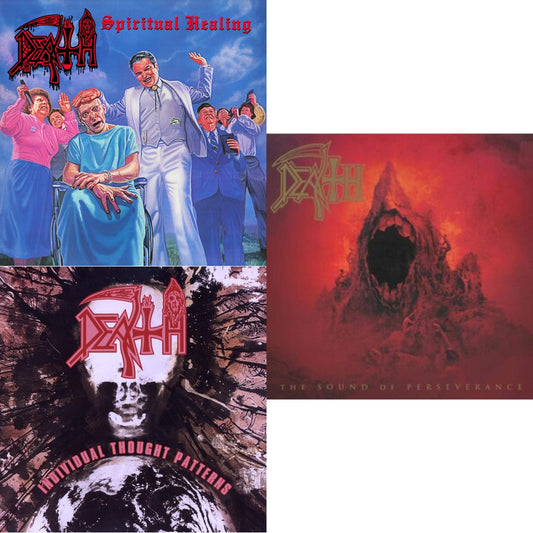 Death - Spiritual Healing - Reissue (Red, Cyan Blue & Black Tri Color Merge With Splatter LP Vinyl) & Individual Thought Patterns - Reissue (Hot Pink, Bone White & Red Tri Color Merge W/ Splatter LP Vinyl) & Sound Of Perseverance (Black, Red & Gold