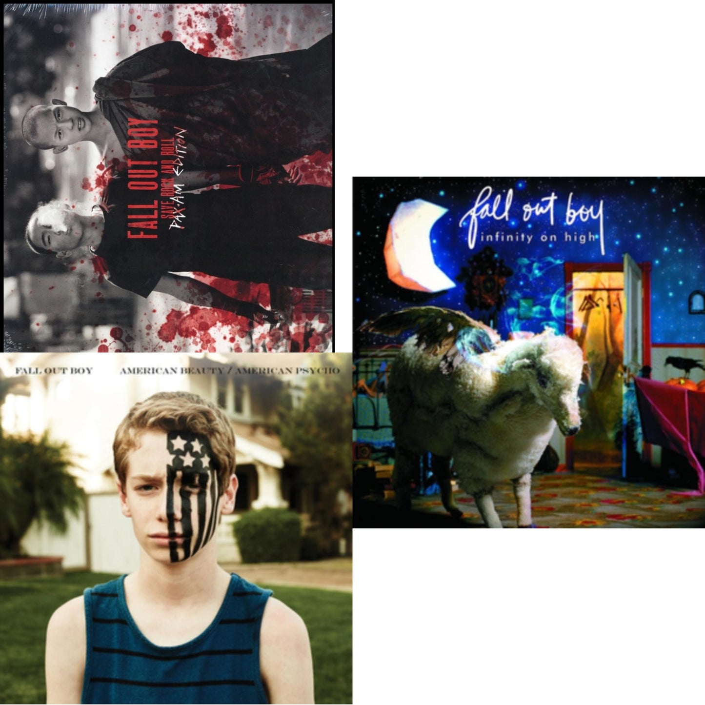 This is a 3 LP Vinyl SKU bundle.
1.This LP Vinyl is brand new.Format: LP VinylMusic Style: Pop RockThis item's title is: American Beauty / American PsychoArtist: Fall Out BoyLabel: ISLANDBarcode: 602547168740Release Date: 5/4/2015
2.This LP Vinyl is brand new.