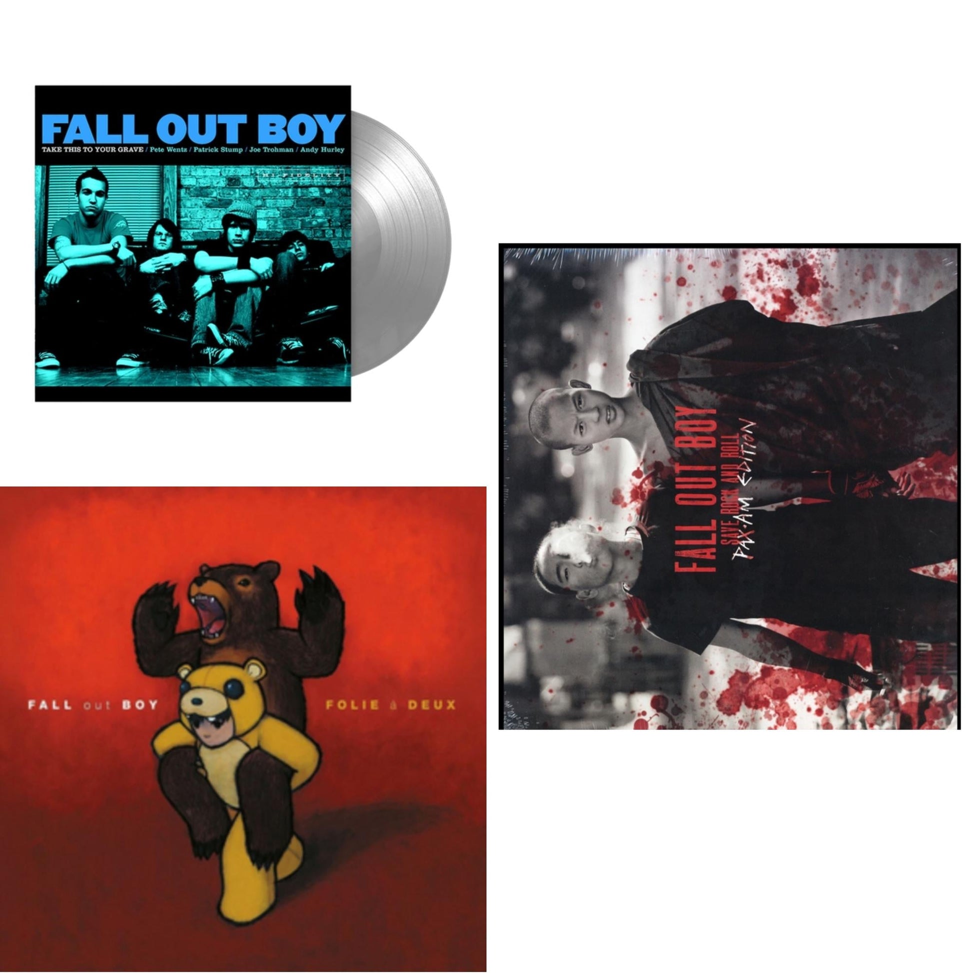 This is a 3 LP Vinyl SKU bundle.
1.This LP Vinyl is brand new.Format: LP VinylMusic Style: Pop PunkThis item's title is: Take This To Your Grave (Fbr 25Th Anniversary Edition/Silver LP Vinyl)Artist: Fall Out BoyLabel: Fueled By RamenBarcode: 075678645594Release Date: 4/30/2021
2.