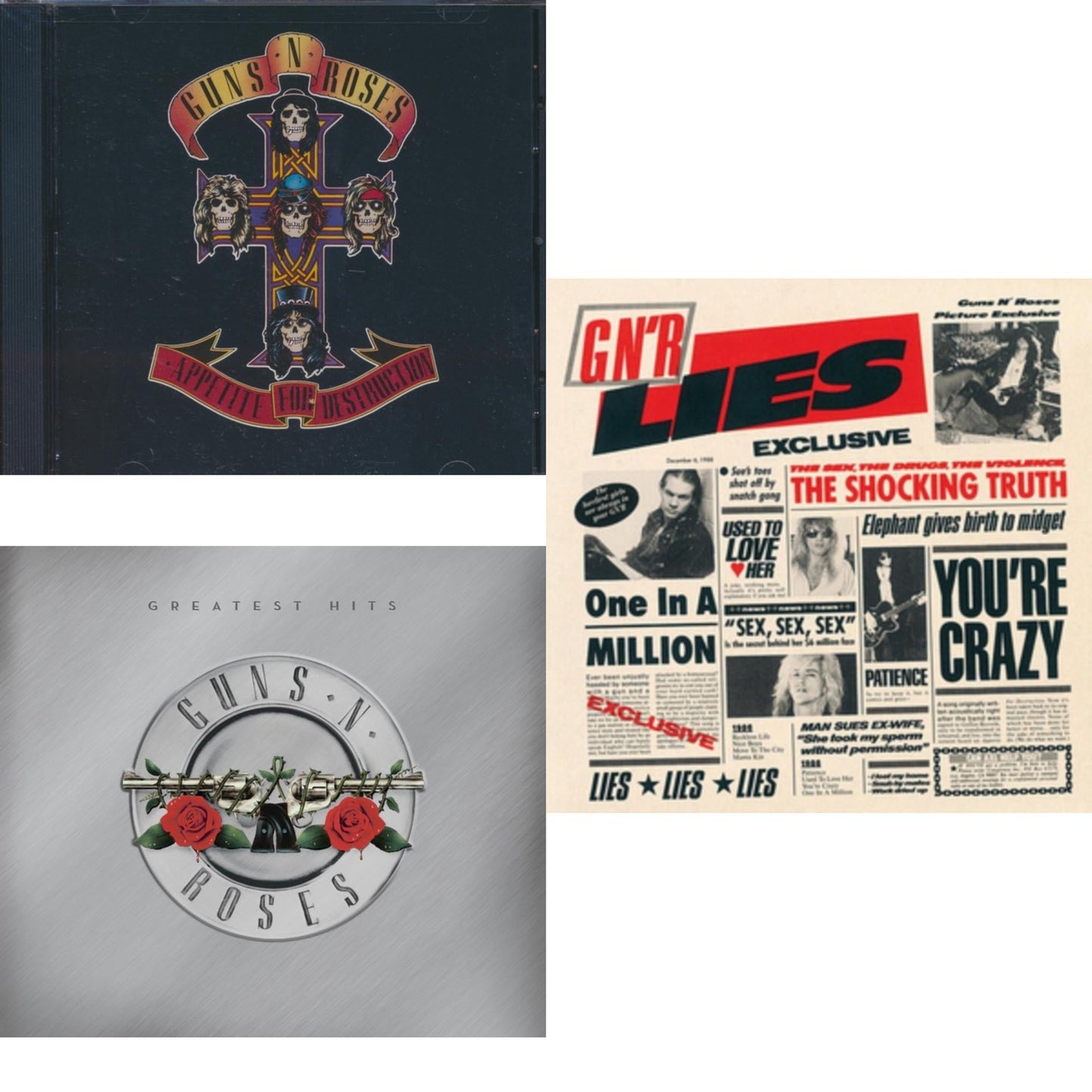 This is a 3 CD SKU bundle.
1.This CD is brand new.Format: CDMusic Style: Hard RockThis item's title is: Appetite For DestructionArtist: Guns N' RosesLabel: GEFFENBarcode: 720642421123Release Date: 8/26/1988
2.This CD is brand new.