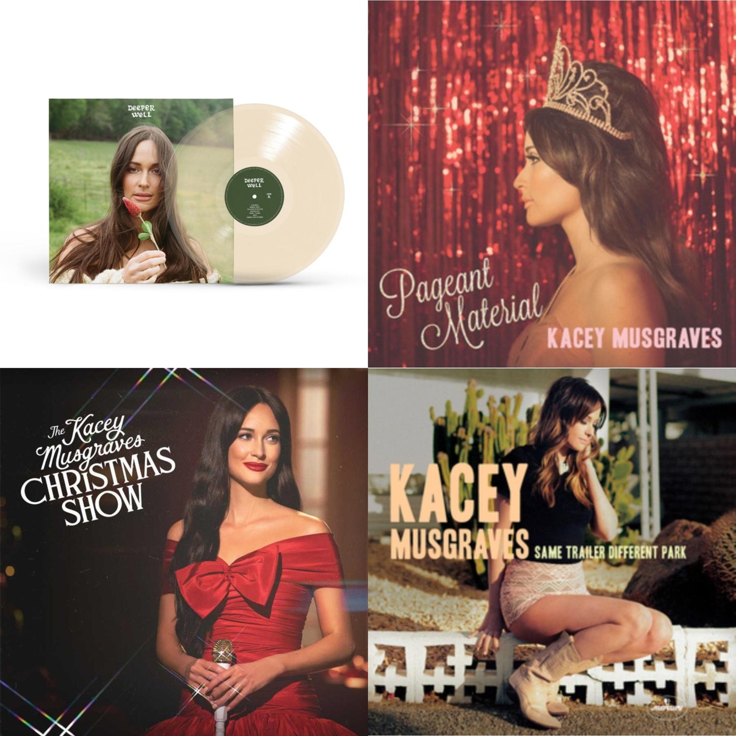 Deeper Well (Transparent Cream LP Vinyl) & Pageant Material (10 Year Anniversary) (Clear Gold Glitter LP Vinyl) & Kacey Musgraves Christmas Show (White LP Vinyl) & Same Trailer Different Park