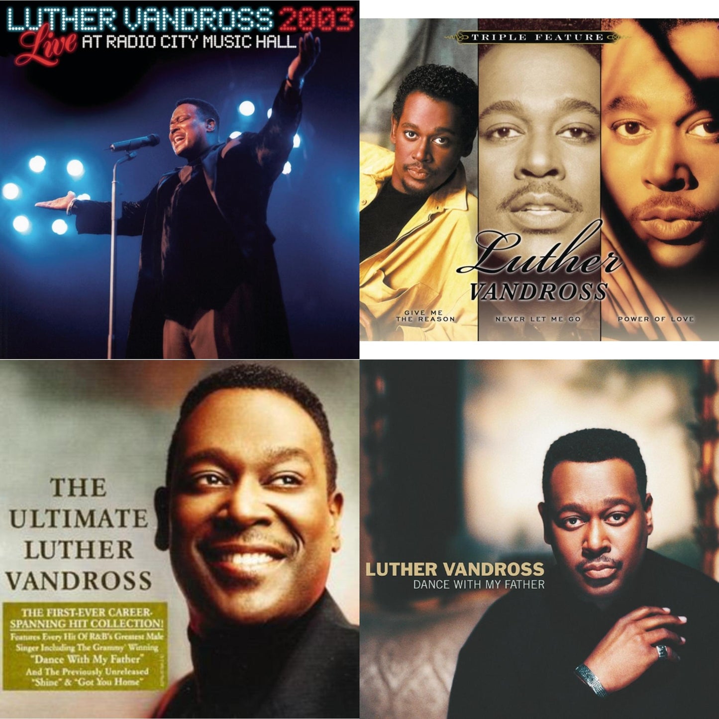 This is a 4 CD SKU bundle.
1.This CD is brand new.Format: CDThis item's title is: Live Radio City Music Hall 2003Artist: Luther VandrossLabel: SONY SPECIAL MARKETINGBarcode: 886919844023Release Date: 4/9/2012
2.This CD is brand new.