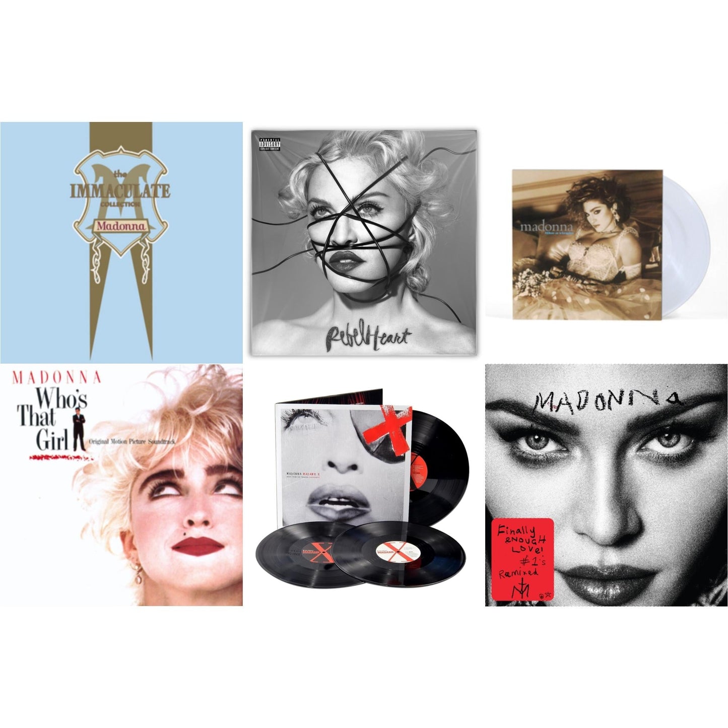 Rebel Heart & Madame X (Live) (3LP) & Finally Enough Love (2LP) & Like A Virgin (Clear LP Vinyl) & Immaculate Collection (2LP) & Who's That Girl Ost (Back 2 The 80S) (I)