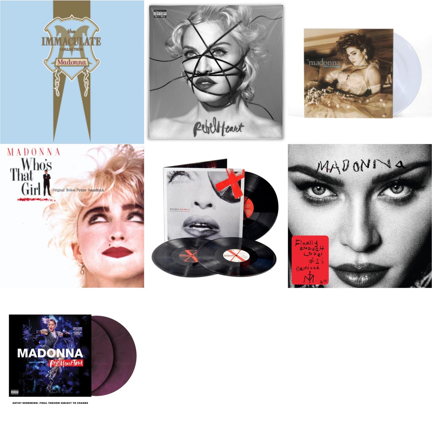 Rebel Heart Tour (X) (Purple Galaxy Swirl Vinyl/2LP) & Rebel Heart & Madame X (Live) (3LP) & Finally Enough Love (2LP) & Like A Virgin (Clear LP Vinyl) & Immaculate Collection (2LP) & Who's That Girl Ost (Back 2 The 80S) (I)