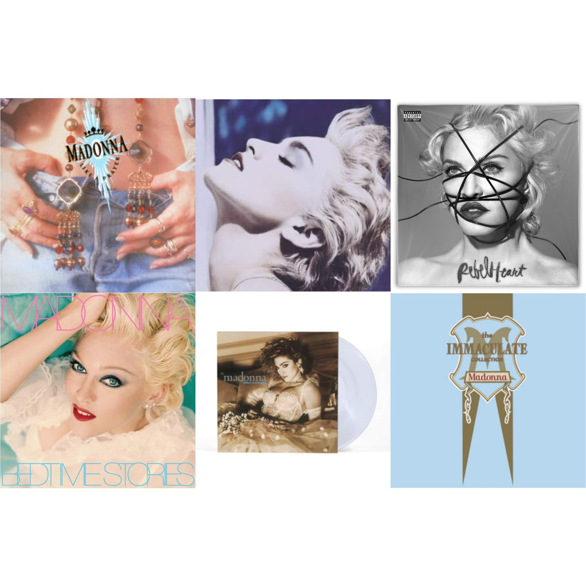 Like A Prayer (180G) & True Blue (180G) & Rebel Heart & Bedtime Stories (The Silver Collection) (Silver LP Vinyl) & Like A Virgin (Clear LP Vinyl) & Immaculate Collection (2LP)