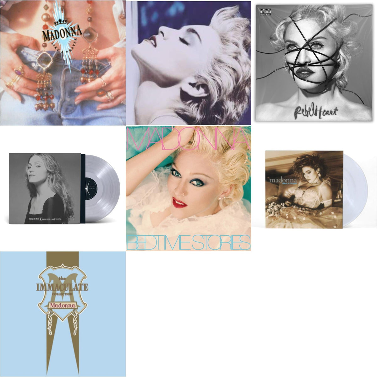 Like A Prayer (180G) & True Blue (180G) & Rebel Heart & Veronica Electronica (Clear LP Vinyl) & Bedtime Stories (The Silver Collection) (Silver LP Vinyl) & Like A Virgin (Clear LP Vinyl) & Immaculate Collection (2LP)