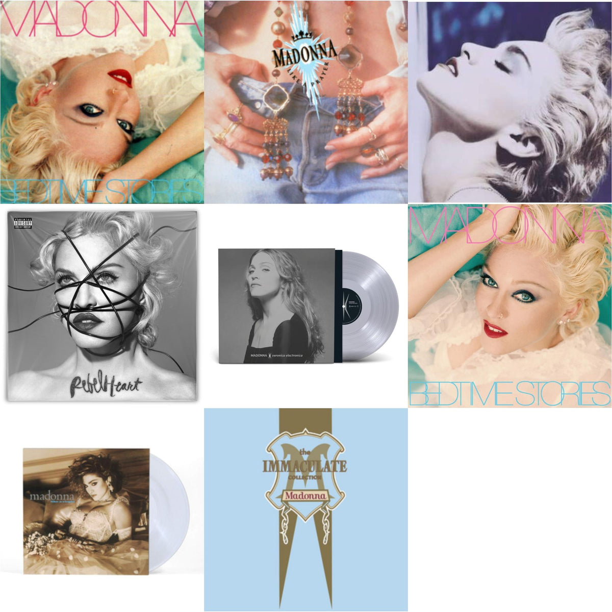 Bedtime Stories (180G) & Like A Prayer (180G) & True Blue (180G) & Rebel Heart & Veronica Electronica (Clear LP Vinyl) & Bedtime Stories (The Silver Collection) (Silver LP Vinyl) & Like A Virgin (Clear LP Vinyl) & Immaculate Collection (2LP)