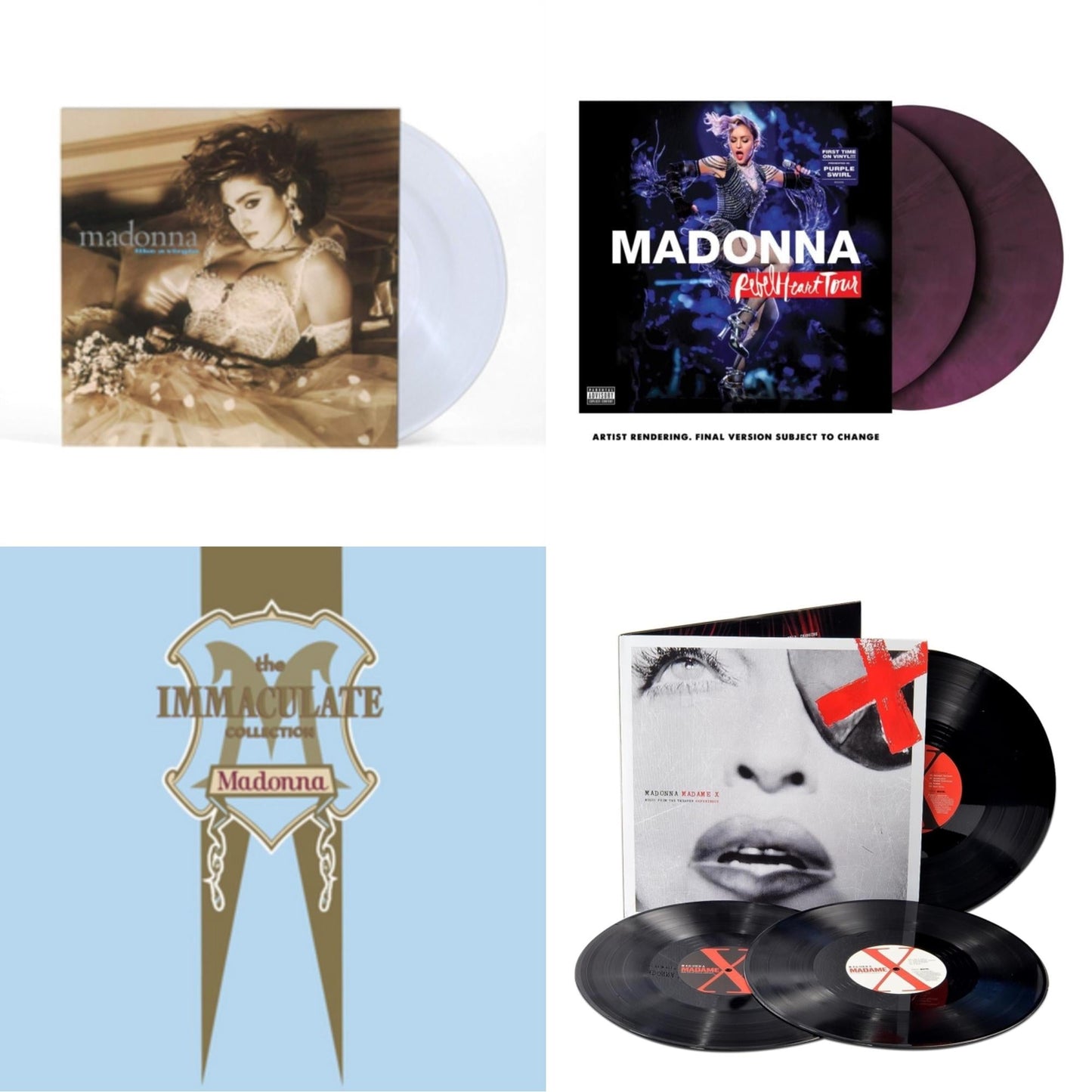 Rebel Heart Tour (X) (Purple Galaxy Swirl Vinyl/2LP) & Madame X (Live) (3LP) & Like A Virgin (Clear LP Vinyl) & Immaculate Collection (2LP)