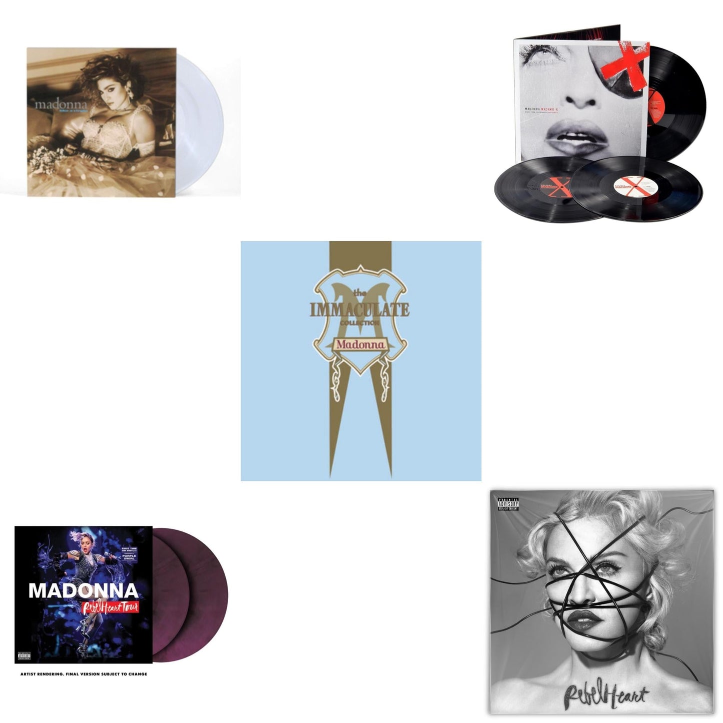 Rebel Heart Tour (X) (Purple Galaxy Swirl Vinyl/2LP) & Rebel Heart & Madame X (Live) (3LP) & Like A Virgin (Clear LP Vinyl) & Immaculate Collection (2LP)