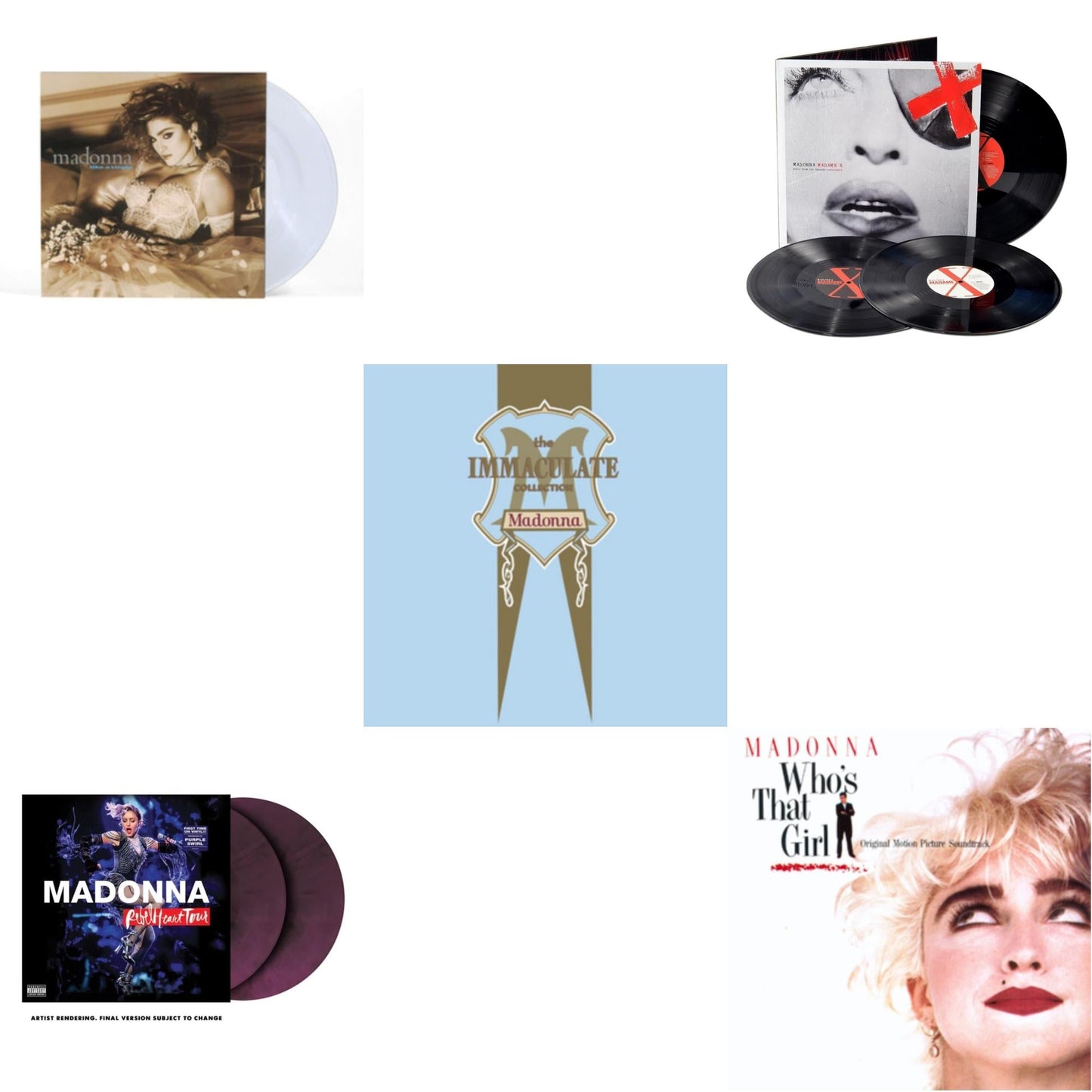 Rebel Heart Tour (X) (Purple Galaxy Swirl Vinyl/2LP) & Madame X (Live) (3LP) & Like A Virgin (Clear LP Vinyl) & Immaculate Collection (2LP) & Who's That Girl Ost (Back 2 The 80S) (I)