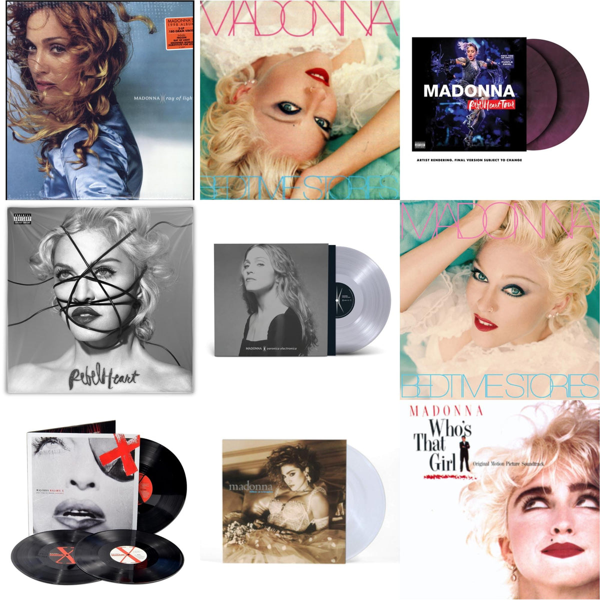 Ray Of Light (2LP/180G) & Bedtime Stories (180G) & Rebel Heart Tour (X) (Purple Galaxy Swirl Vinyl/2LP) & Rebel Heart & Veronica Electronica (Clear LP Vinyl) & Bedtime Stories (The Silver Collection) (Silver LP Vinyl) & Madame X (Live) (3LP)