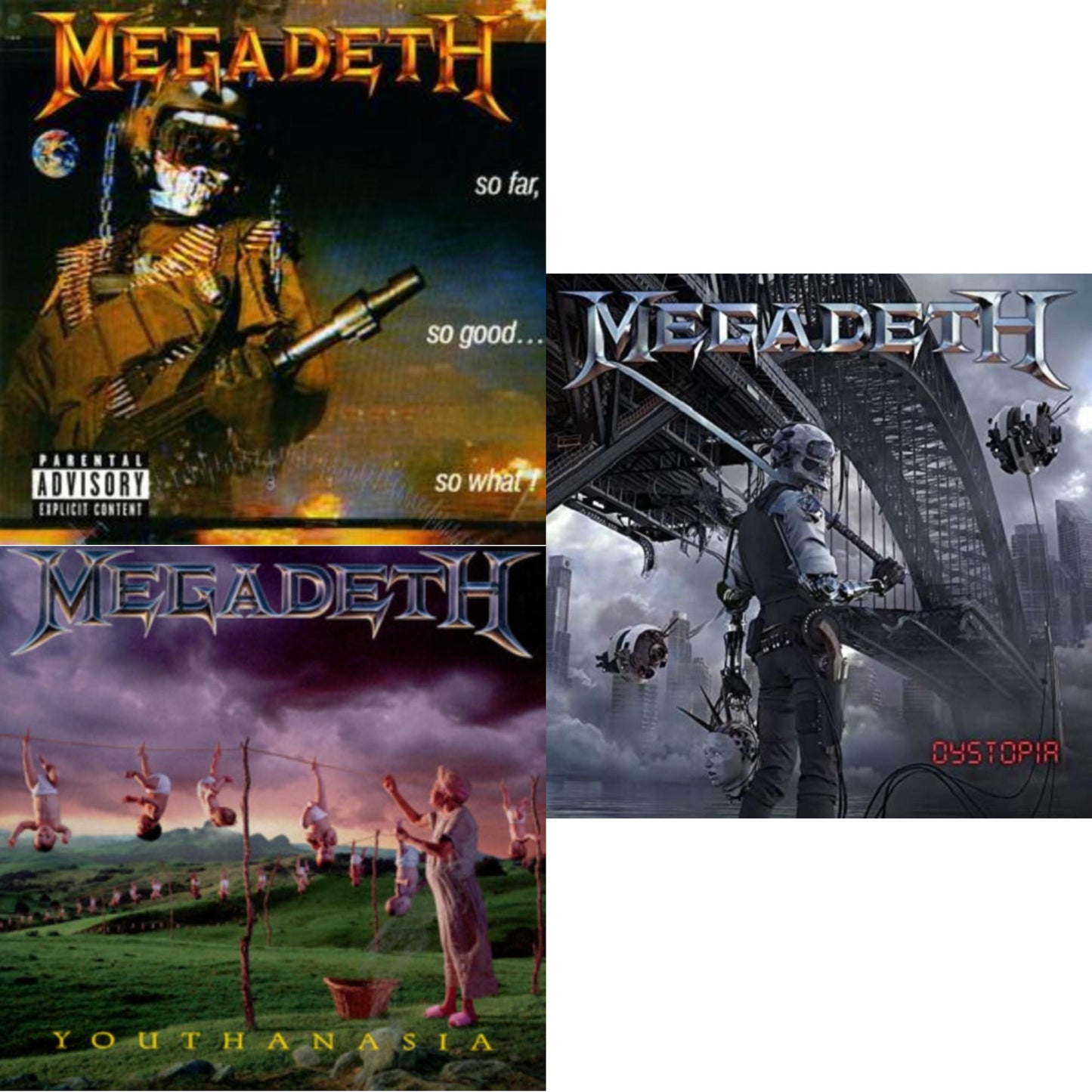 This is a 3 CD SKU bundle.
1.This CD is brand new.Format: CDMusic Style: ThrashThis item's title is: So Far So Good So WhatArtist: MegadethLabel: CAPITOLBarcode: 724359862620Release Date: 7/27/2004
2.This CD is brand new.