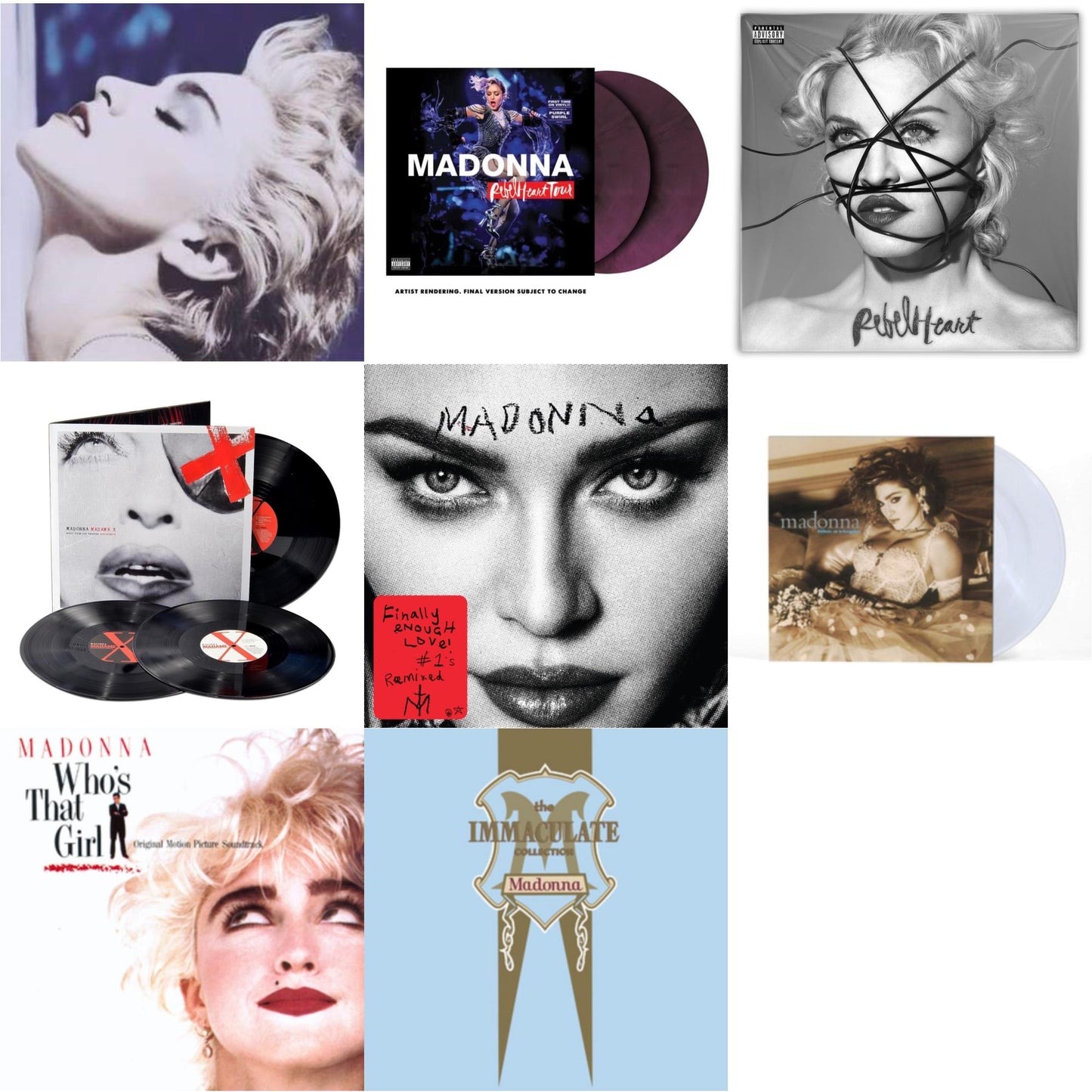 True Blue (180G) & Rebel Heart Tour (X) (Purple Galaxy Swirl Vinyl/2LP) & Rebel Heart & Madame X (Live) (3LP) & Finally Enough Love (2LP) & Like A Virgin (Clear LP Vinyl) & Immaculate Collection (2LP) & Who's That Girl Ost (Back 2 The 80S) (I)