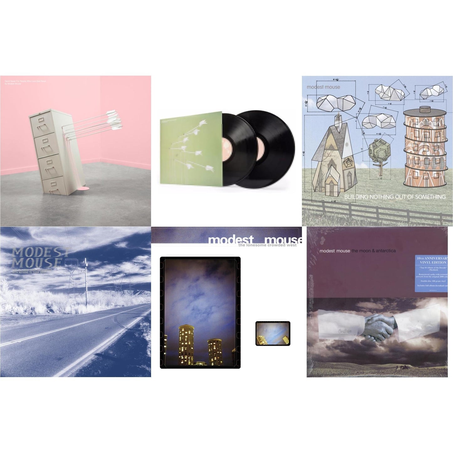 This is a 6 LP Vinyl SKU bundle.
1.This LP Vinyl is brand new.Format: LP VinylThis item's title is: Good News For People Who Love Bad News (Deluxe) (2LP/Baby Pink & Spring Green Vinyl)Artist: Modest MouseBarcode: 196588302817Release Date: 5/17/2024
2.This LP Vinyl is brand new.