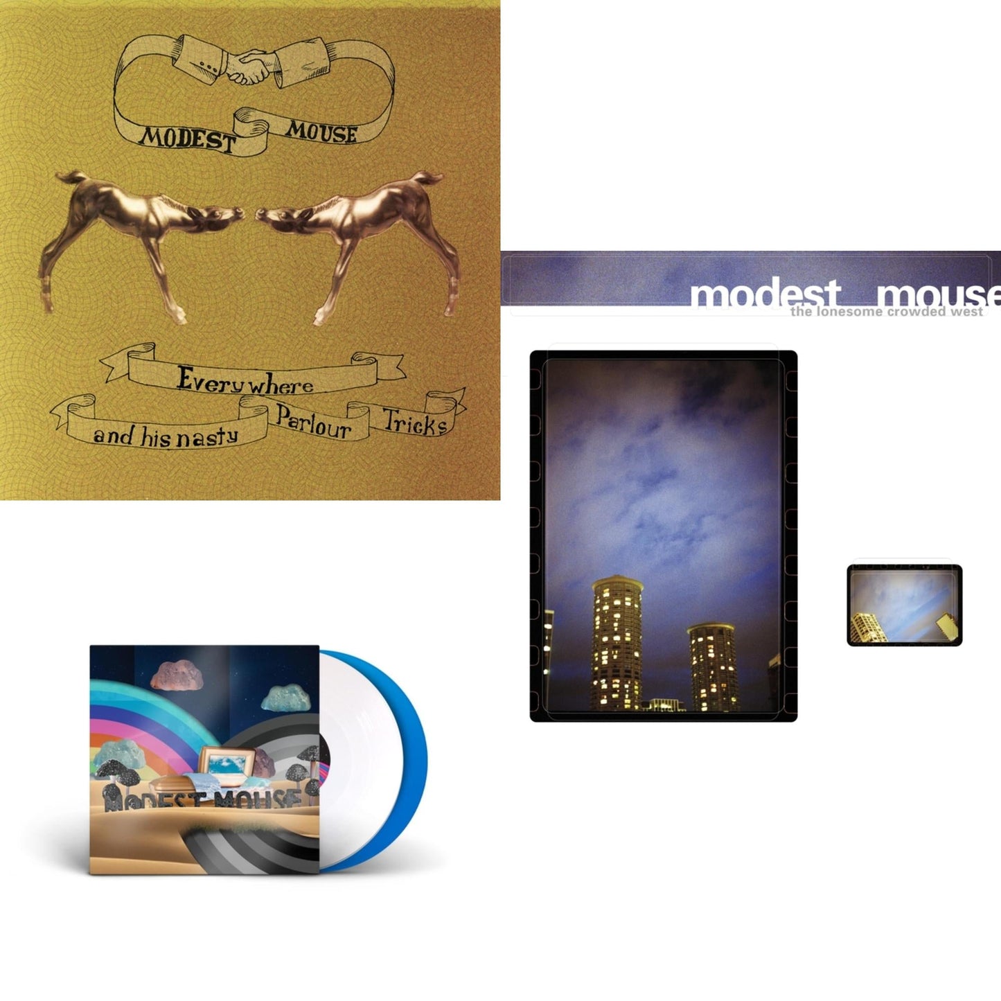This is a 3 LP Vinyl SKU bundle.
1.This LP Vinyl is brand new.Format: LP VinylMusic Style: Indie RockThis item's title is: Everywhere & His Nasty Parlor Tricks (180G)Artist: Modest MouseLabel: EPICBarcode: 074646210413Release Date: 9/25/2001
2.This LP Vinyl is brand new.