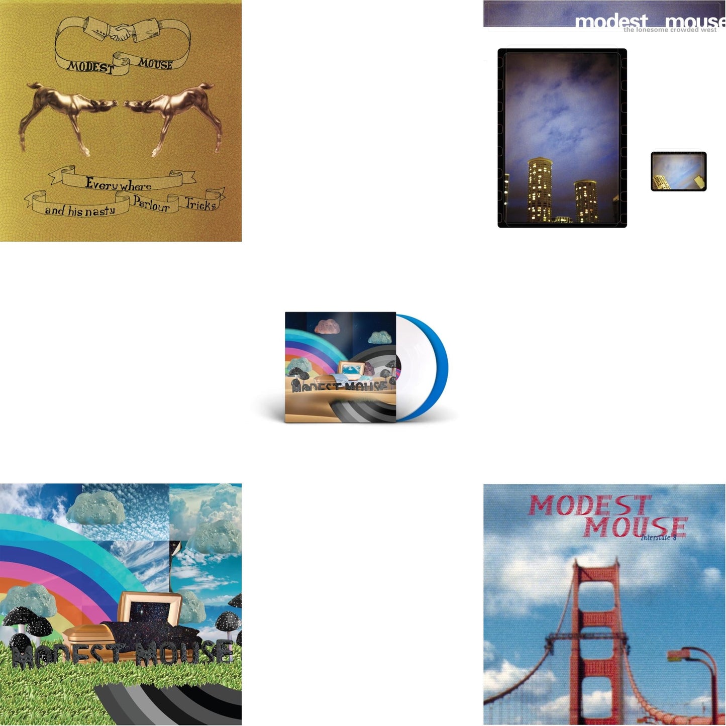 This is a 5 LP Vinyl SKU bundle.
1.This LP Vinyl is brand new.Format: LP VinylMusic Style: Indie RockThis item's title is: Everywhere & His Nasty Parlor Tricks (180G)Artist: Modest MouseLabel: EPICBarcode: 074646210413Release Date: 9/25/2001
2.This LP Vinyl is brand new.