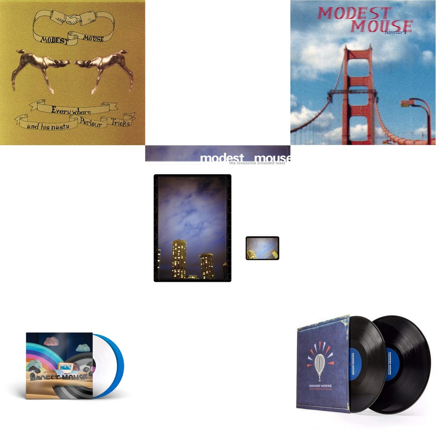 This is a 5 LP Vinyl SKU bundle.
1.This LP Vinyl is brand new.Format: LP VinylMusic Style: Indie RockThis item's title is: Everywhere & His Nasty Parlor Tricks (180G)Artist: Modest MouseLabel: EPICBarcode: 074646210413Release Date: 9/25/2001
2.This LP Vinyl is brand new.