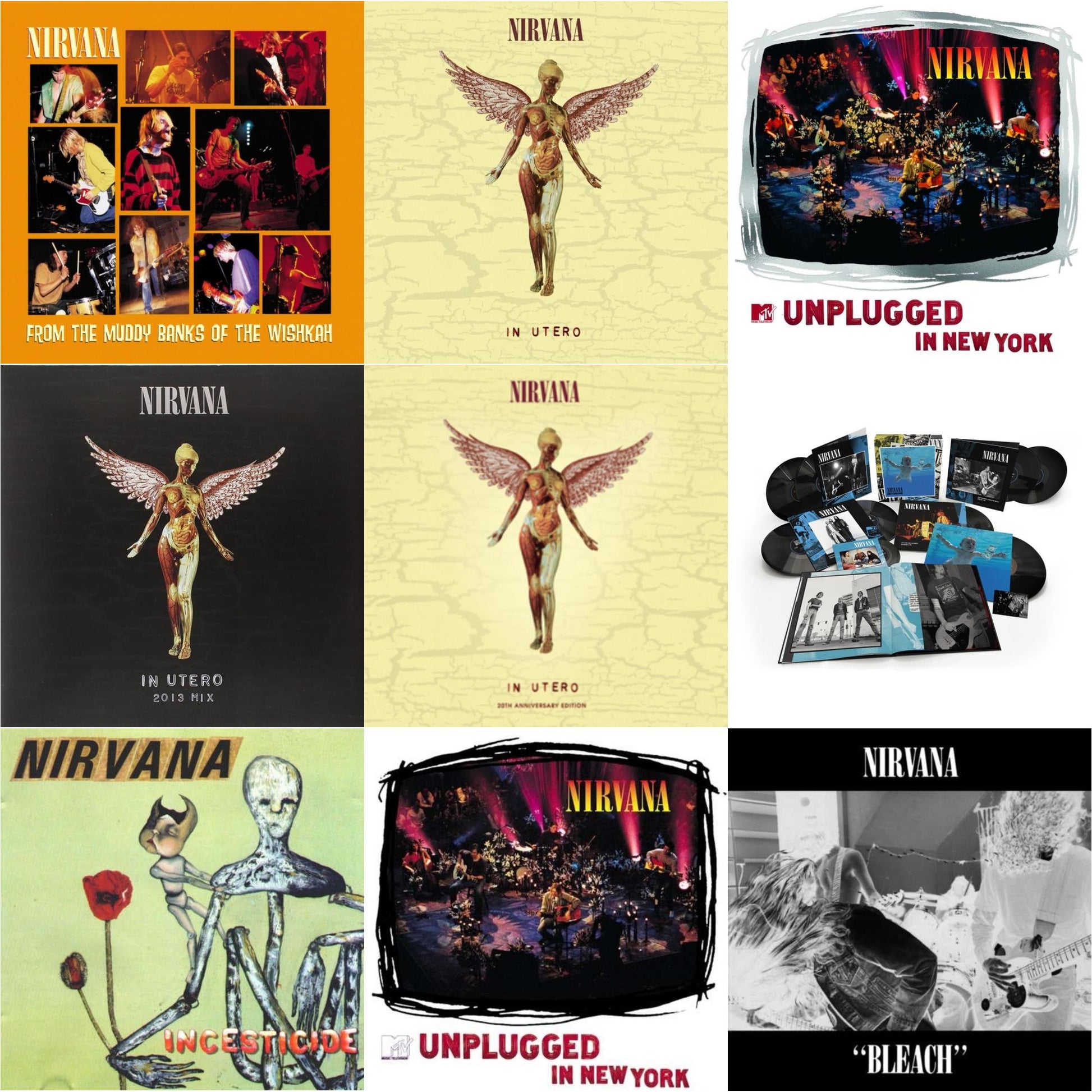 This is a 9 LP Vinyl SKU bundle.
1.This LP Vinyl is brand new.Format: LP VinylMusic Style: GrungeThis item's title is: BleachArtist: NirvanaLabel: SUBPOPBarcode: 098787003413Release Date: 10/1/1993
2.This LP Vinyl is brand new.
