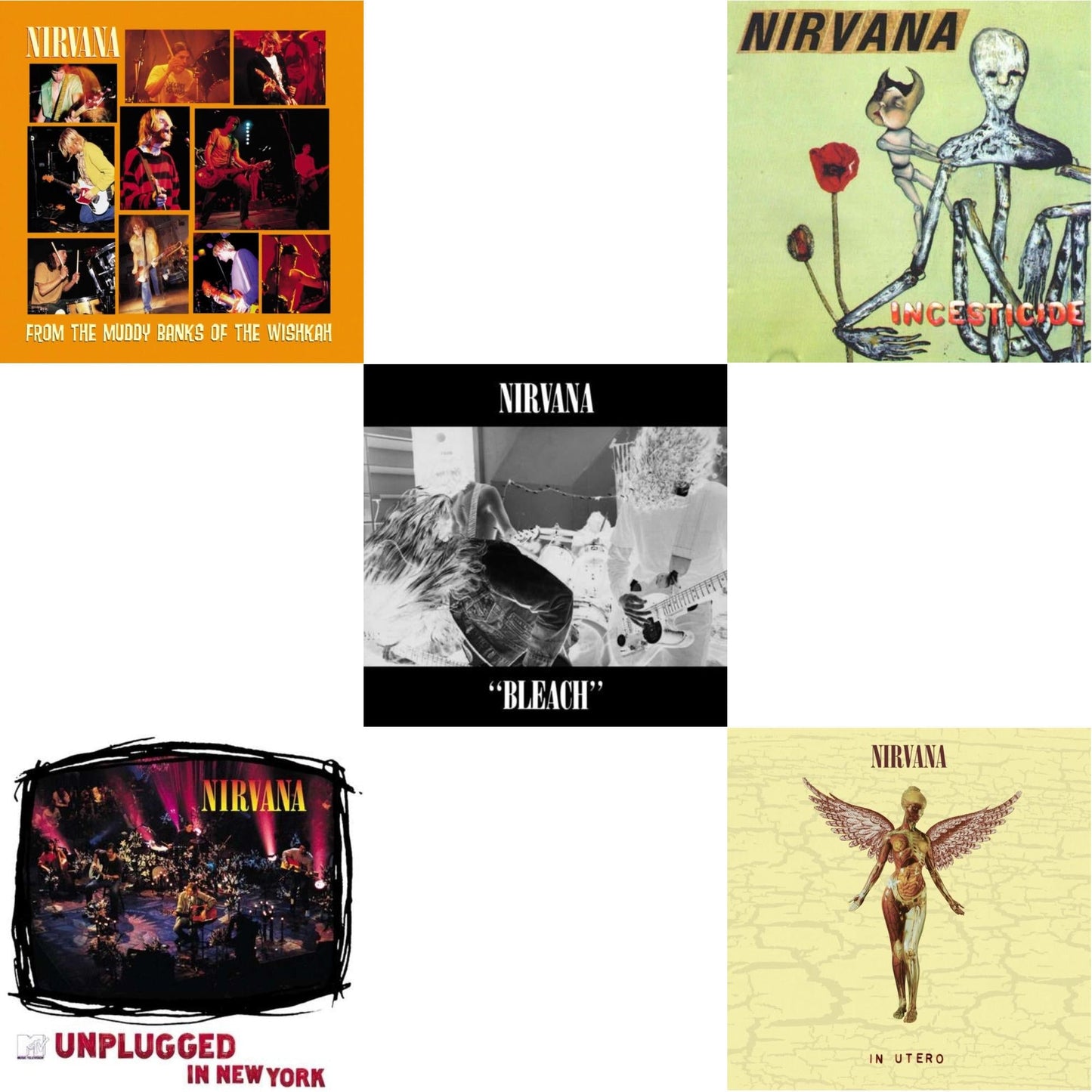 This is a 5 LP Vinyl SKU bundle.
1.This LP Vinyl is brand new.Format: LP VinylMusic Style: GrungeThis item's title is: BleachArtist: NirvanaLabel: SUBPOPBarcode: 098787003413Release Date: 10/1/1993
2.This LP Vinyl is brand new.