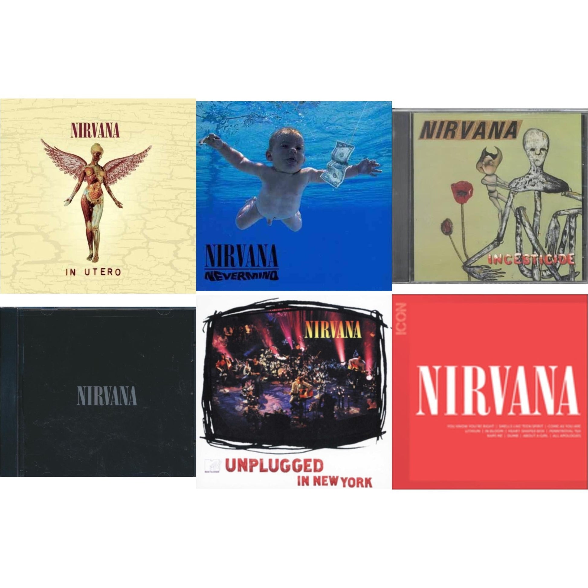 This is a 6 CD SKU bundle.
1.This CD is brand new.Format: CDMusic Style: GrungeThis item's title is: IconArtist: NirvanaLabel: GEFFENBarcode: 602527473260Release Date: 8/31/2010
2.This CD is brand new.