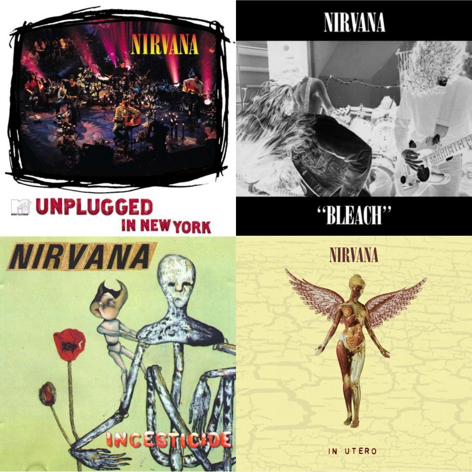 This is a 4 LP Vinyl SKU bundle.
1.This LP Vinyl is brand new.Format: LP VinylMusic Style: GrungeThis item's title is: BleachArtist: NirvanaLabel: SUBPOPBarcode: 098787003413Release Date: 10/1/1993
2.This LP Vinyl is brand new.