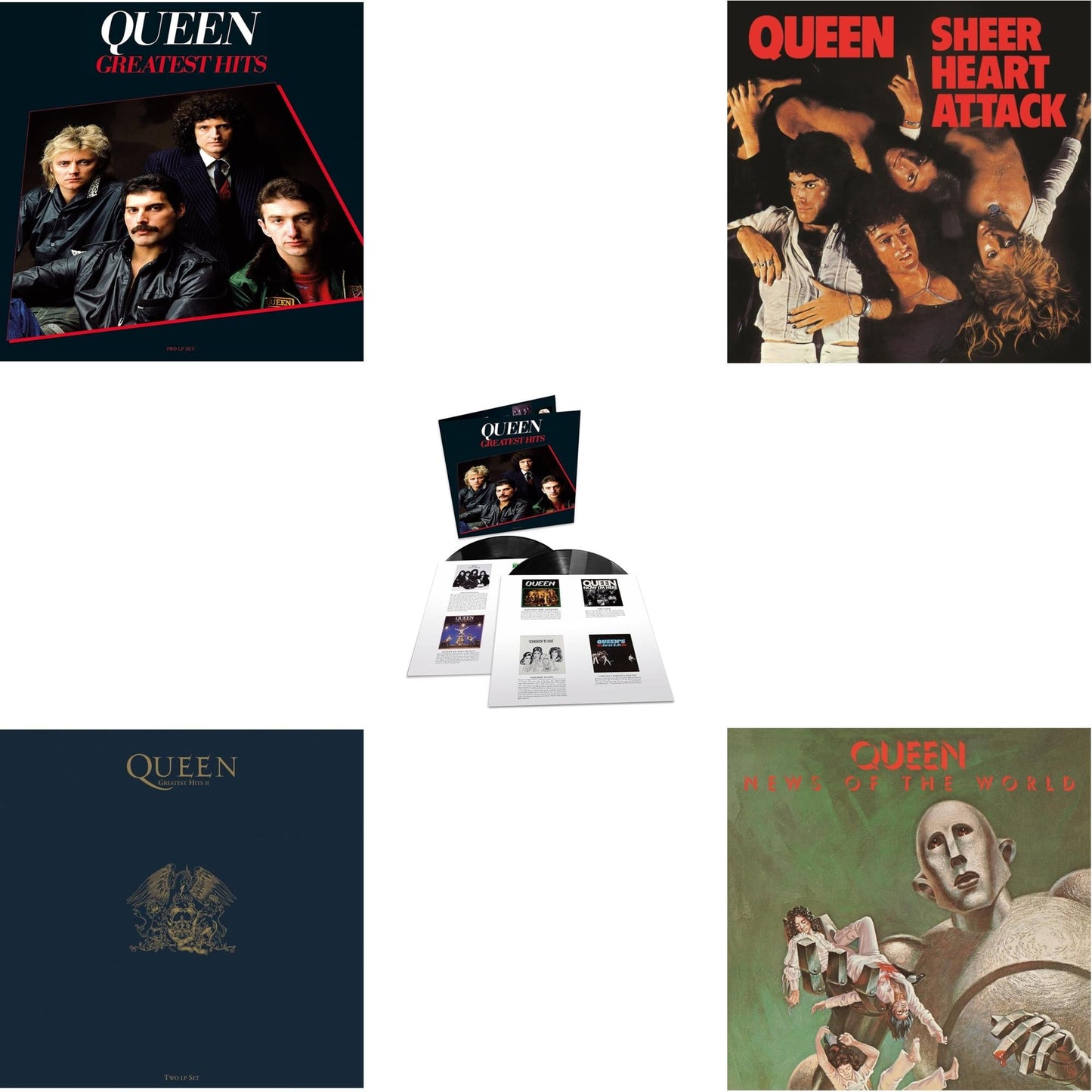 This is a 5 LP Vinyl SKU bundle.
1.This LP Vinyl is brand new.Format: LP VinylMusic Style: Arena RockThis item's title is: Greatest Hits 1 (180G)Artist: QueenLabel: VIRGINBarcode: 602557048414Release Date: 11/18/2016
2.This LP Vinyl is brand new.