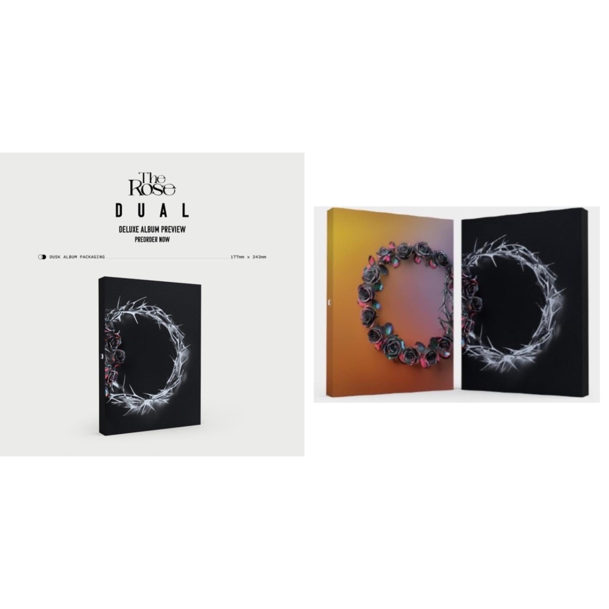 This is a 2 CD SKU bundle.
1.This CD is brand new.Format: CDThis item's title is: Dual (Deluxe Box Album) (Dusk Ver.)Artist: RoseLabel: WINDFALLBarcode: 8809355979182Release Date: 9/22/2023
2.This CD is brand new.Format: CDThis item's title is: Dual (Deluxe Box Album) (Dawn Ver.