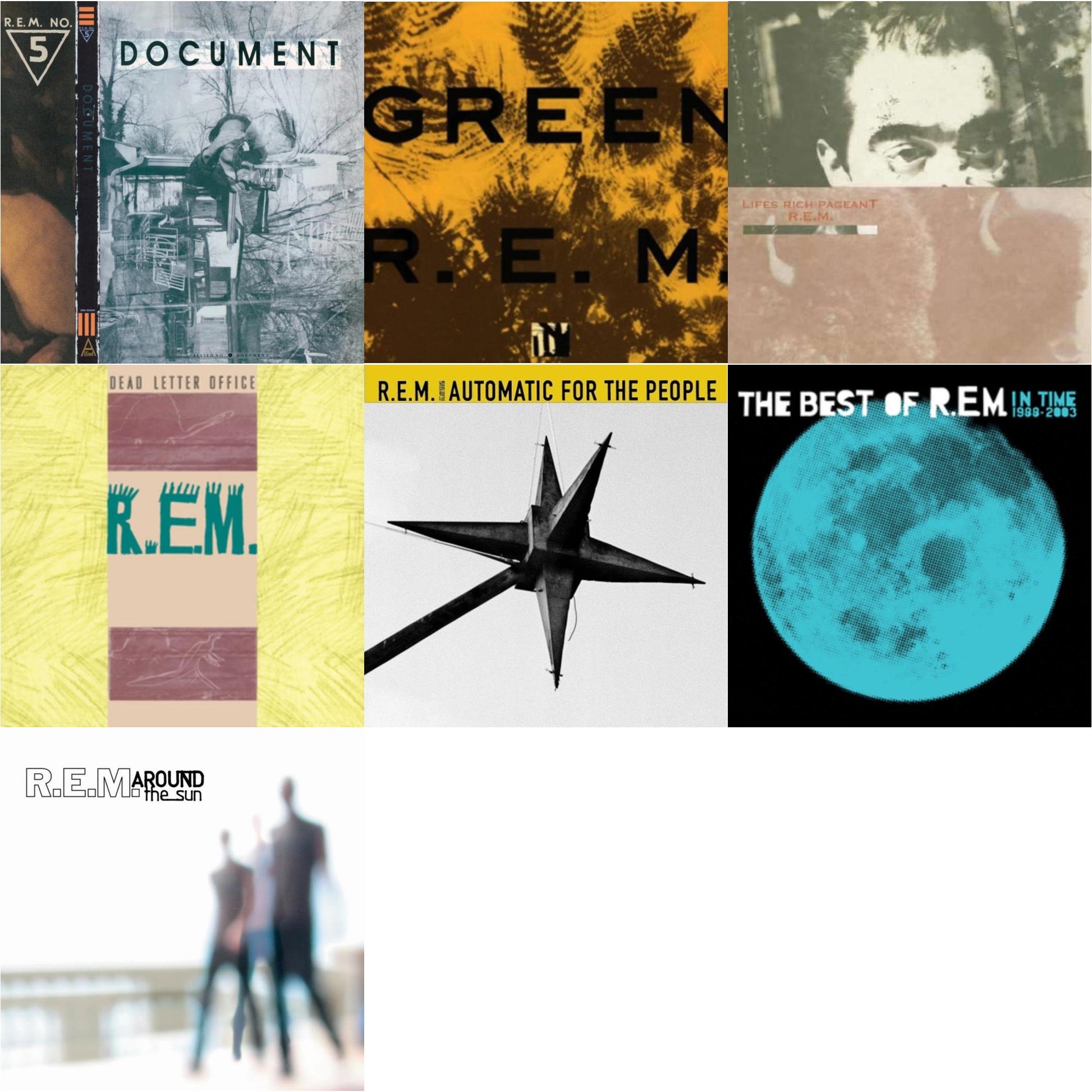 This is a 7 LP Vinyl SKU bundle.
1.This LP Vinyl is brand new.Format: LP VinylThis item's title is: DocumentArtist: R.E.M.Label: I.R.S. RecordsBarcode: 076742205911Release Date: 9/2/2008
2.This LP Vinyl is brand new.