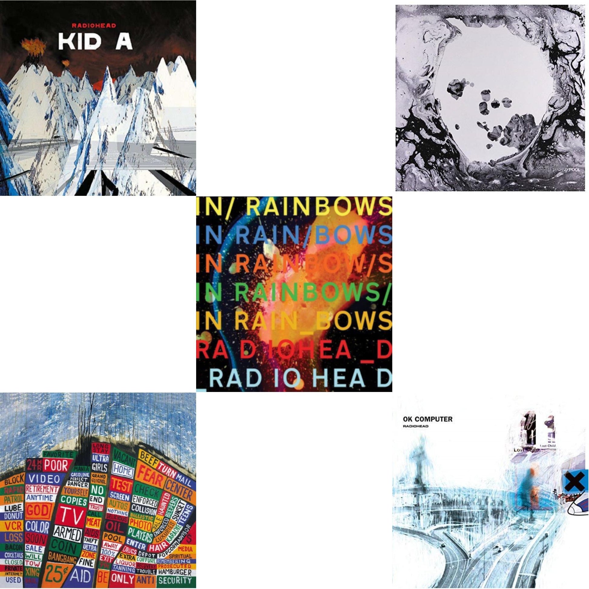 This is a 5 LP Vinyl SKU bundle.
1.This LP Vinyl is brand new.Format: LP VinylMusic Style: Alternative RockThis item's title is: Kid A (2LP/180G)Artist: RadioheadLabel: XL RECORDINGSBarcode: 634904078201Release Date: 4/1/2016
2.This LP Vinyl is brand new.