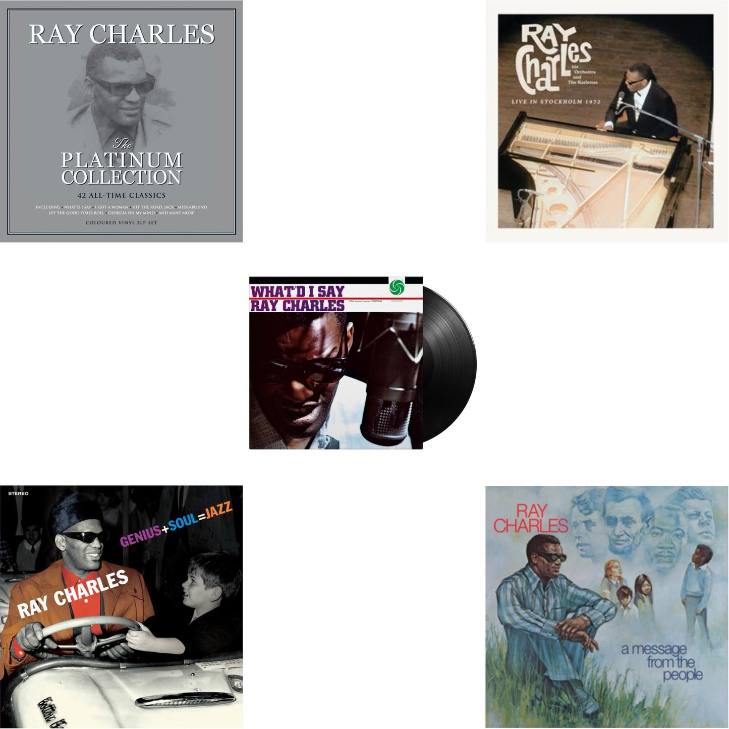 This is a 5 LP Vinyl SKU bundle.
1.This LP Vinyl is brand new.Format: LP VinylMusic Style: Rhythm & BluesThis item's title is: Platinum Collection (White LP Vinyl)Artist: Ray CharlesLabel: NOT NOW RECORDSBarcode: 5060403742858Release Date: 11/27/2020
2.This LP Vinyl is brand new.