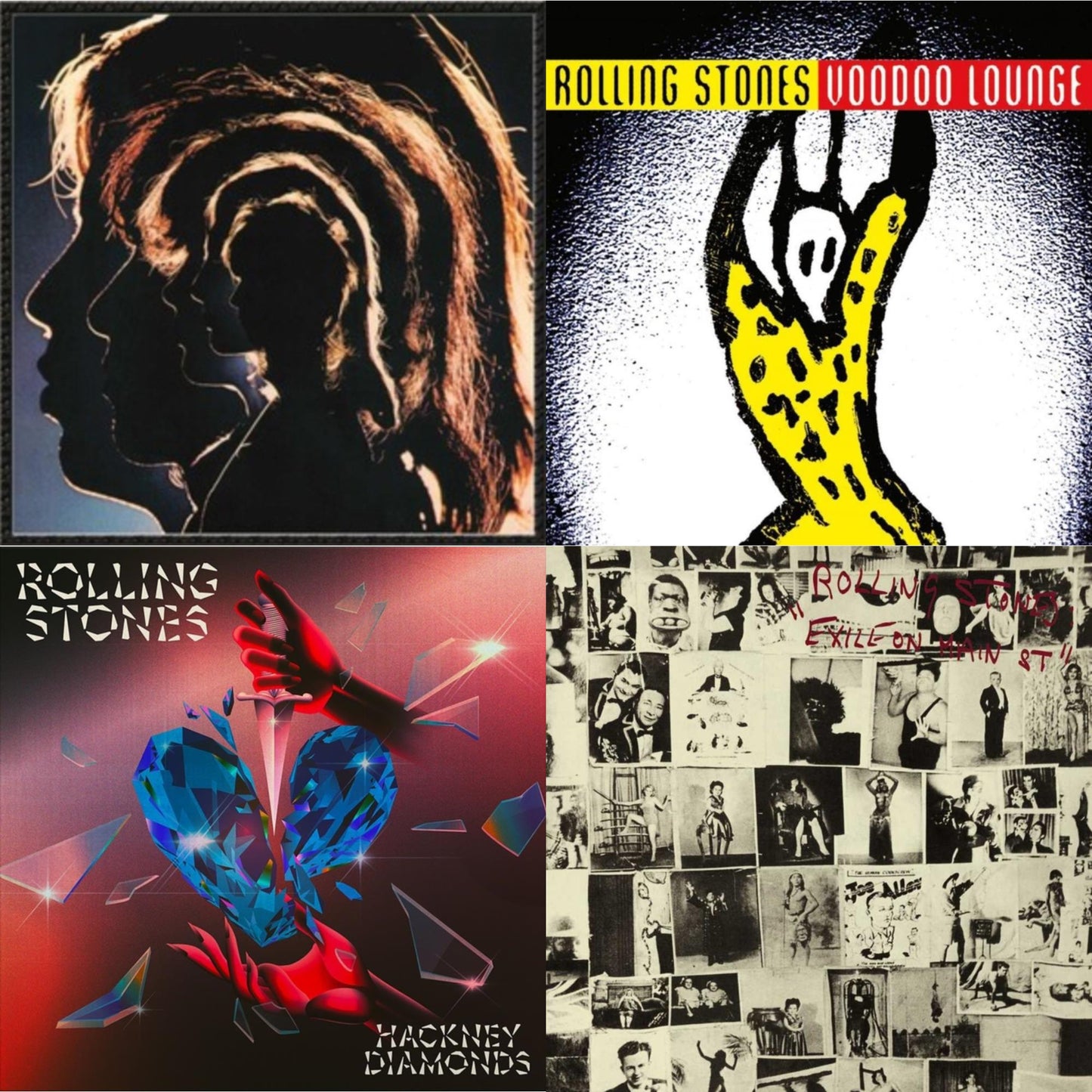 Hot Rocks 1964-1971 (2LP) & Voodoo Lounge (30Th Anniversary) (Red/Yellow Vinyl/2LP) & Hackney Diamonds (1 Year Anniversary/Clear/Blue Splatter Vinyl/2LP) & Exile On Main Street (2LP)