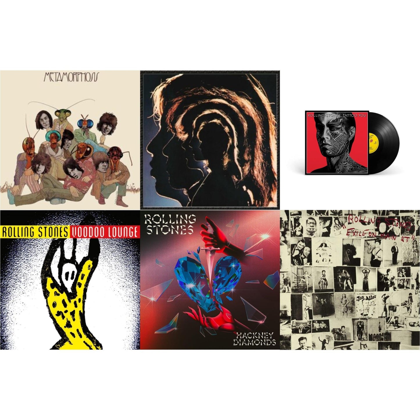 Metamorphosis & Hot Rocks 1964-1971 (2LP) & Tattoo You (2021 Remaster) & Voodoo Lounge (30Th Anniversary) (Red/Yellow Vinyl/2LP) & Hackney Diamonds (1 Year Anniversary/Clear/Blue Splatter Vinyl/2LP) & Exile On Main Street (2LP)