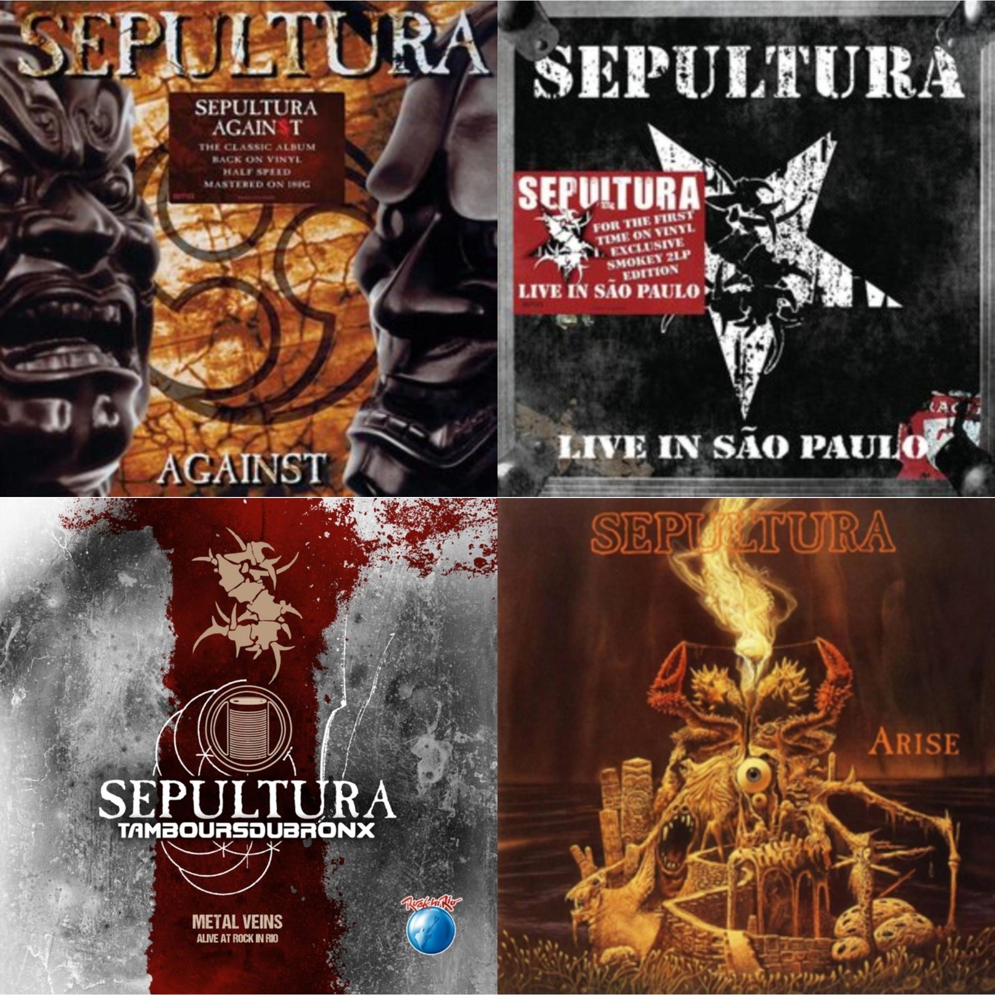 This is a 4 LP Vinyl SKU bundle.
1.This LP Vinyl is brand new.Format: LP VinylThis item's title is: Metal Veins - Alive At Rock In Rio (Limited/2LP)Artist: SepulturaLabel: EARMUSICBarcode: 4029759138778Release Date: 12/4/2020
2.This LP Vinyl is brand new.