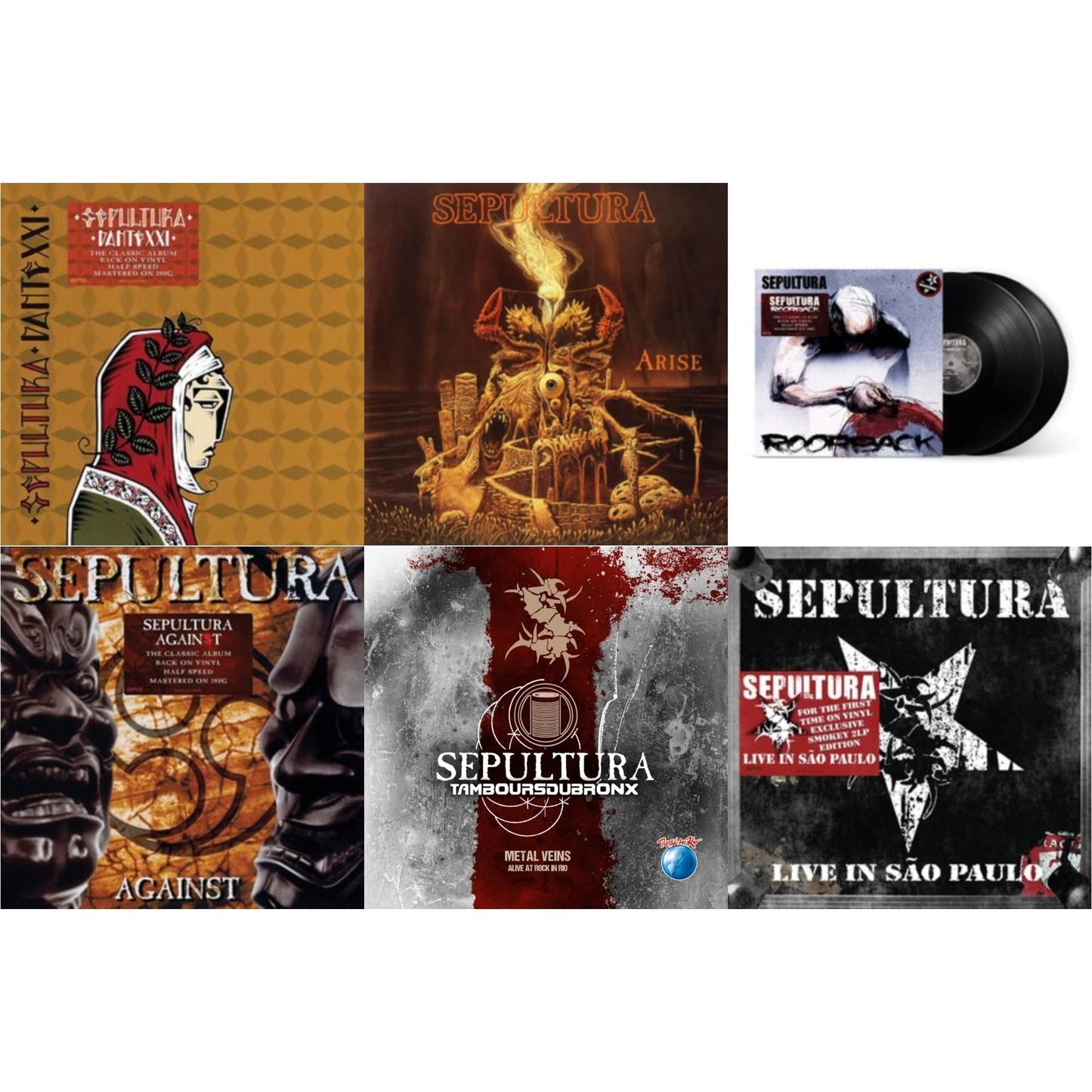 This is a 6 LP Vinyl SKU bundle.
1.This LP Vinyl is brand new.Format: LP VinylThis item's title is: Metal Veins - Alive At Rock In Rio (Limited/2LP)Artist: SepulturaLabel: EARMUSICBarcode: 4029759138778Release Date: 12/4/2020
2.This LP Vinyl is brand new.