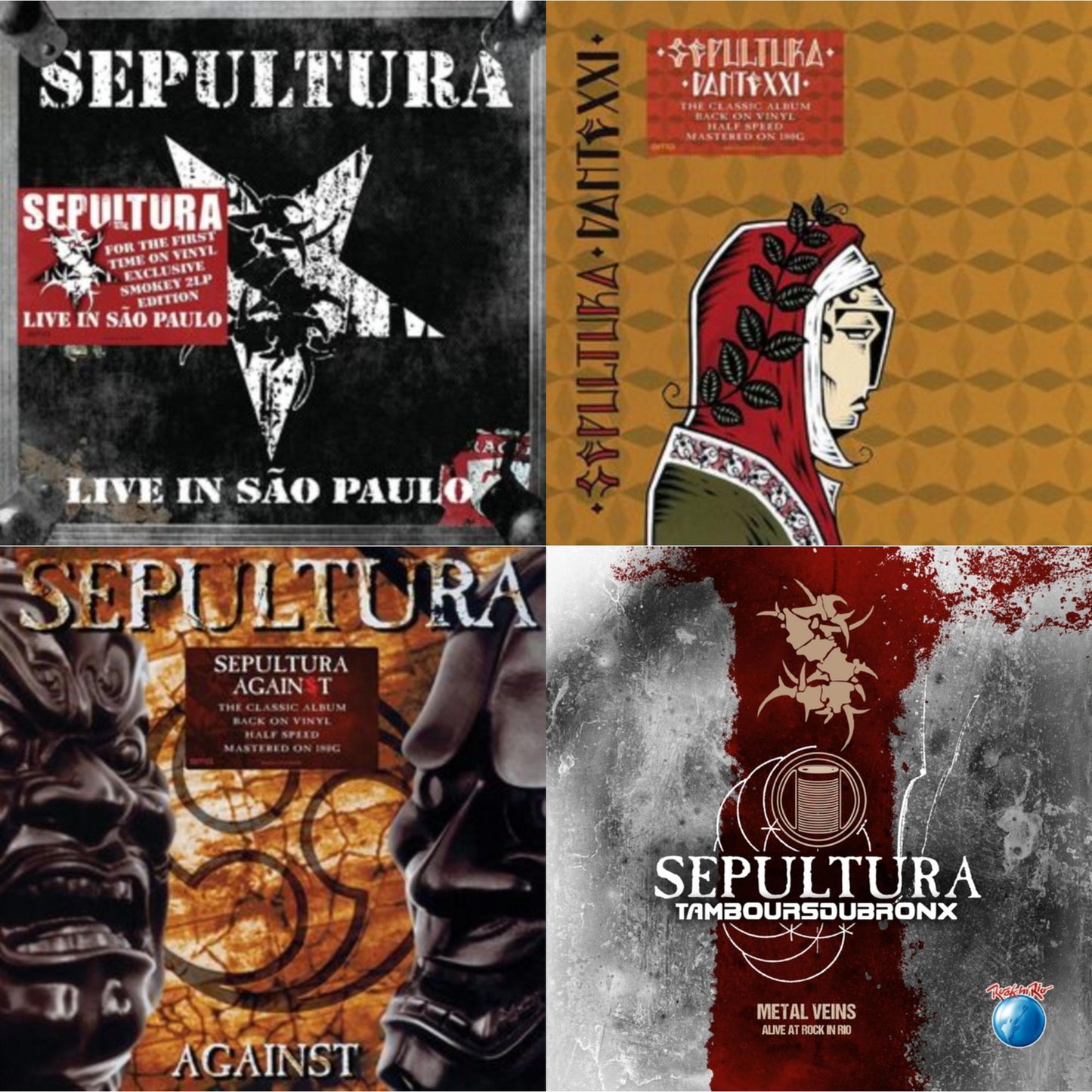 This is a 4 LP Vinyl SKU bundle.
1.This LP Vinyl is brand new.Format: LP VinylThis item's title is: Metal Veins - Alive At Rock In Rio (Limited/2LP)Artist: SepulturaLabel: EARMUSICBarcode: 4029759138778Release Date: 12/4/2020
2.This LP Vinyl is brand new.