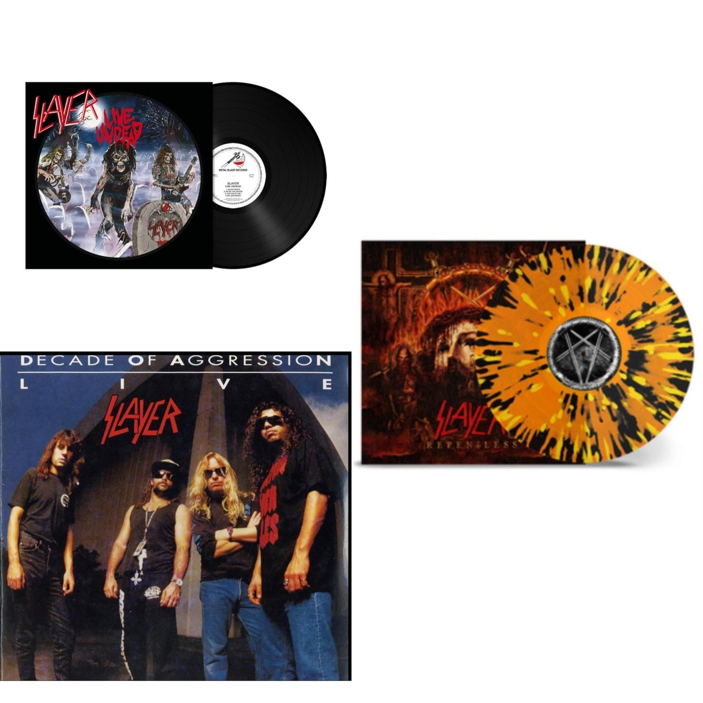 This is a 3 LP Vinyl SKU bundle.
1.This LP Vinyl is brand new.Format: LP VinylMusic Style: ThrashThis item's title is: Live Undead (180G)Artist: SlayerLabel: METAL BLADE RECORDSBarcode: 039841578911Release Date: 10/22/2021
2.This LP Vinyl is brand new.