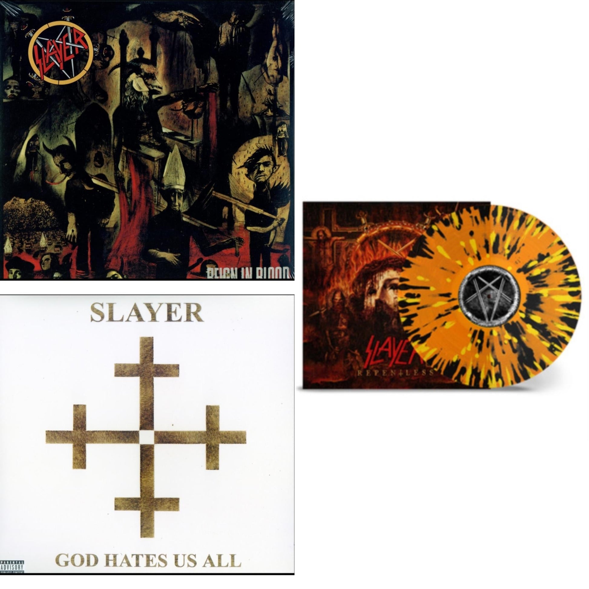 This is a 3 LP Vinyl SKU bundle.
1.This LP Vinyl is brand new.Format: LP VinylMusic Style: ThrashThis item's title is: God Hates Us AllArtist: SlayerLabel: AMERICANBarcode: 602537467723Release Date: 12/17/2013
2.This LP Vinyl is brand new.