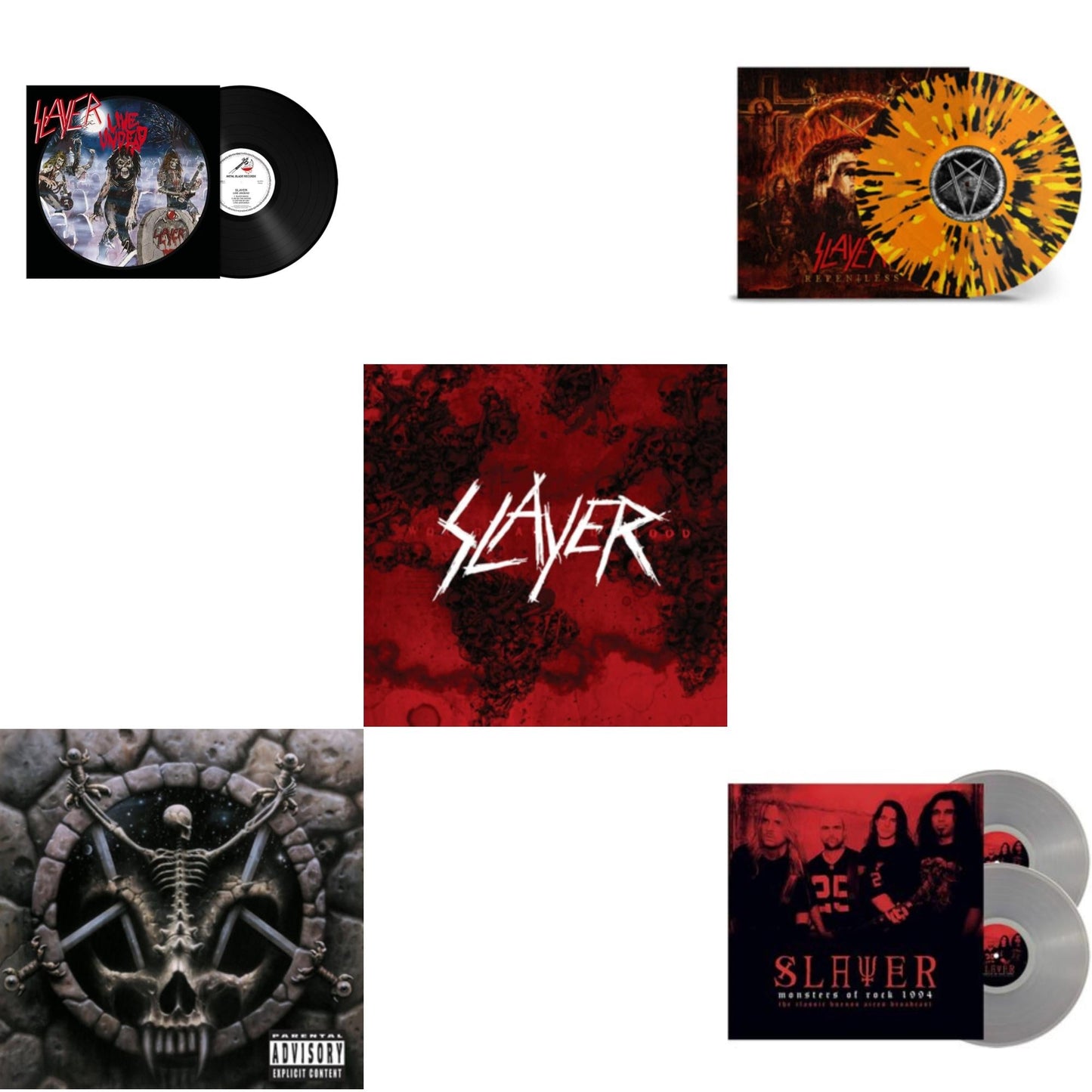 This is a 5 LP Vinyl SKU bundle.
1.This LP Vinyl is brand new.Format: LP VinylMusic Style: ThrashThis item's title is: Live Undead (180G)Artist: SlayerLabel: METAL BLADE RECORDSBarcode: 039841578911Release Date: 10/22/2021
2.This LP Vinyl is brand new.