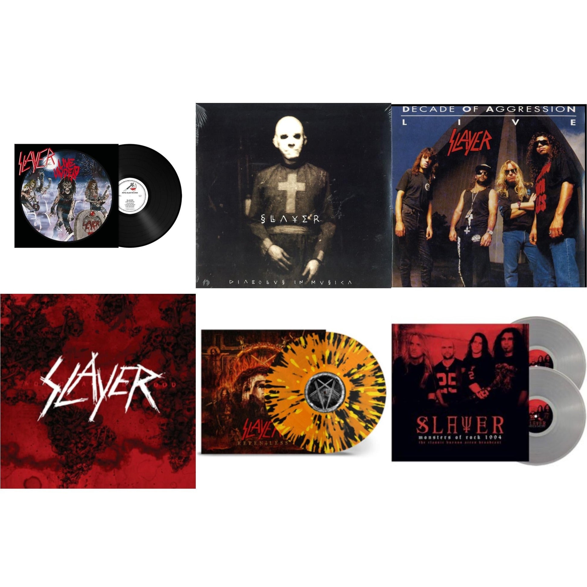 This is a 6 LP Vinyl SKU bundle.
1.This LP Vinyl is brand new.Format: LP VinylMusic Style: ThrashThis item's title is: Live Undead (180G)Artist: SlayerLabel: METAL BLADE RECORDSBarcode: 039841578911Release Date: 10/22/2021
2.This LP Vinyl is brand new.